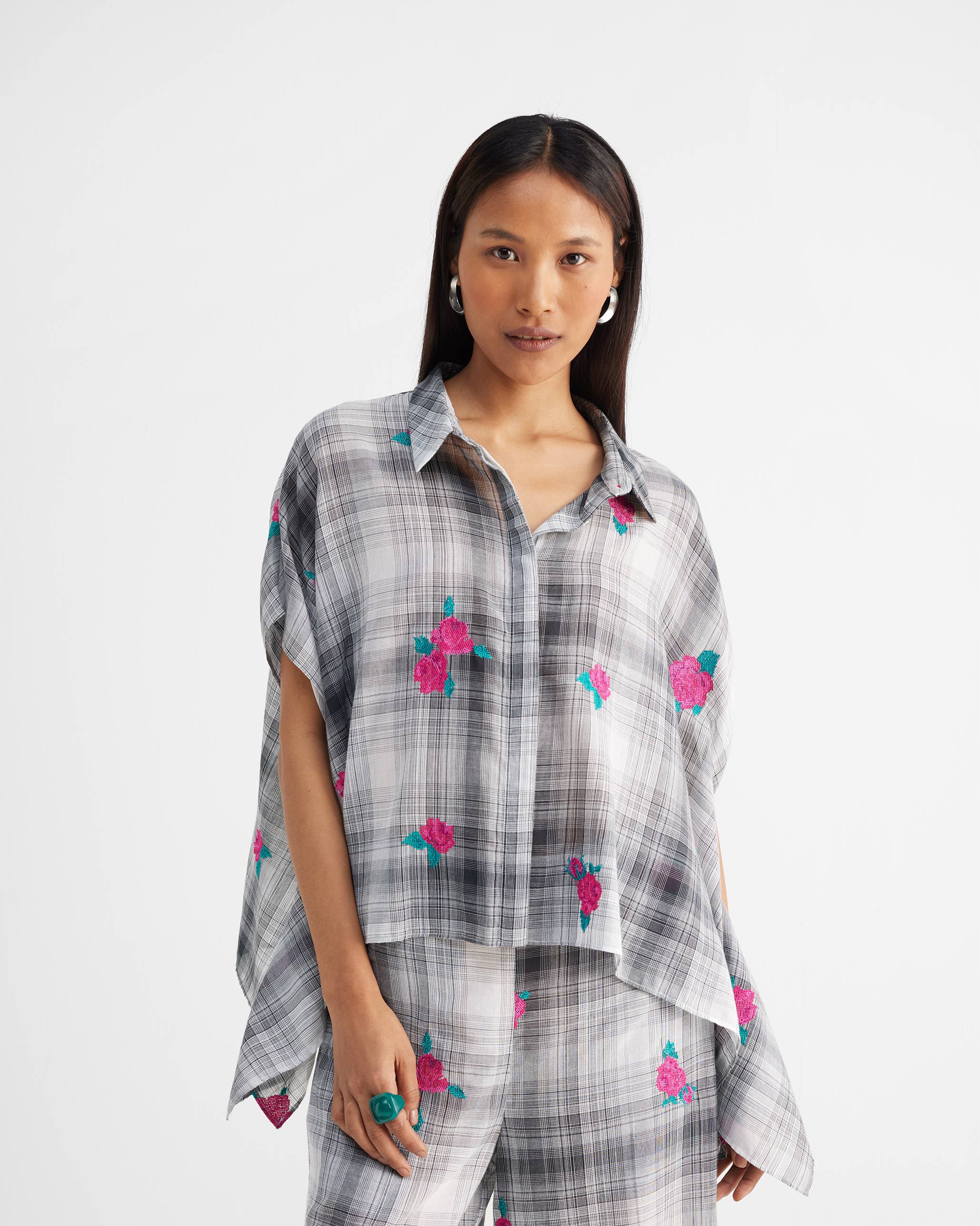 Asymmetrical Hem Top - Black & White Embroidery