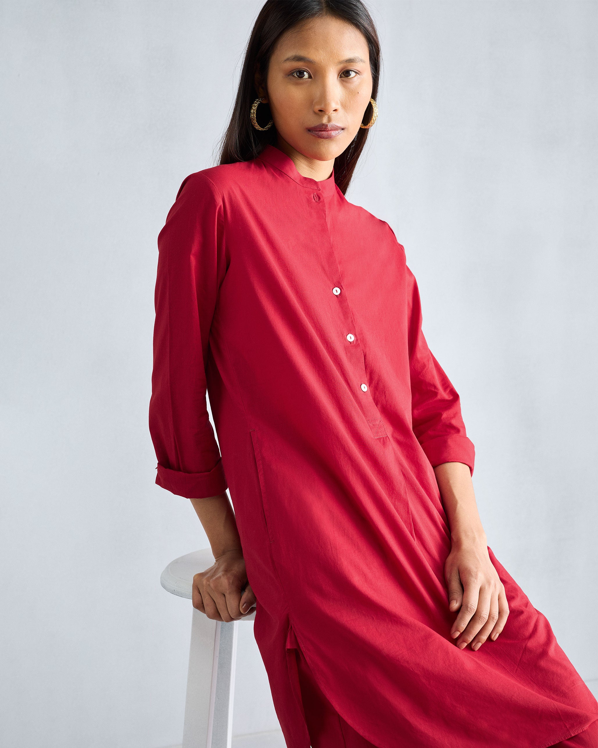 The Basic Mid Length Kurta Set - Red