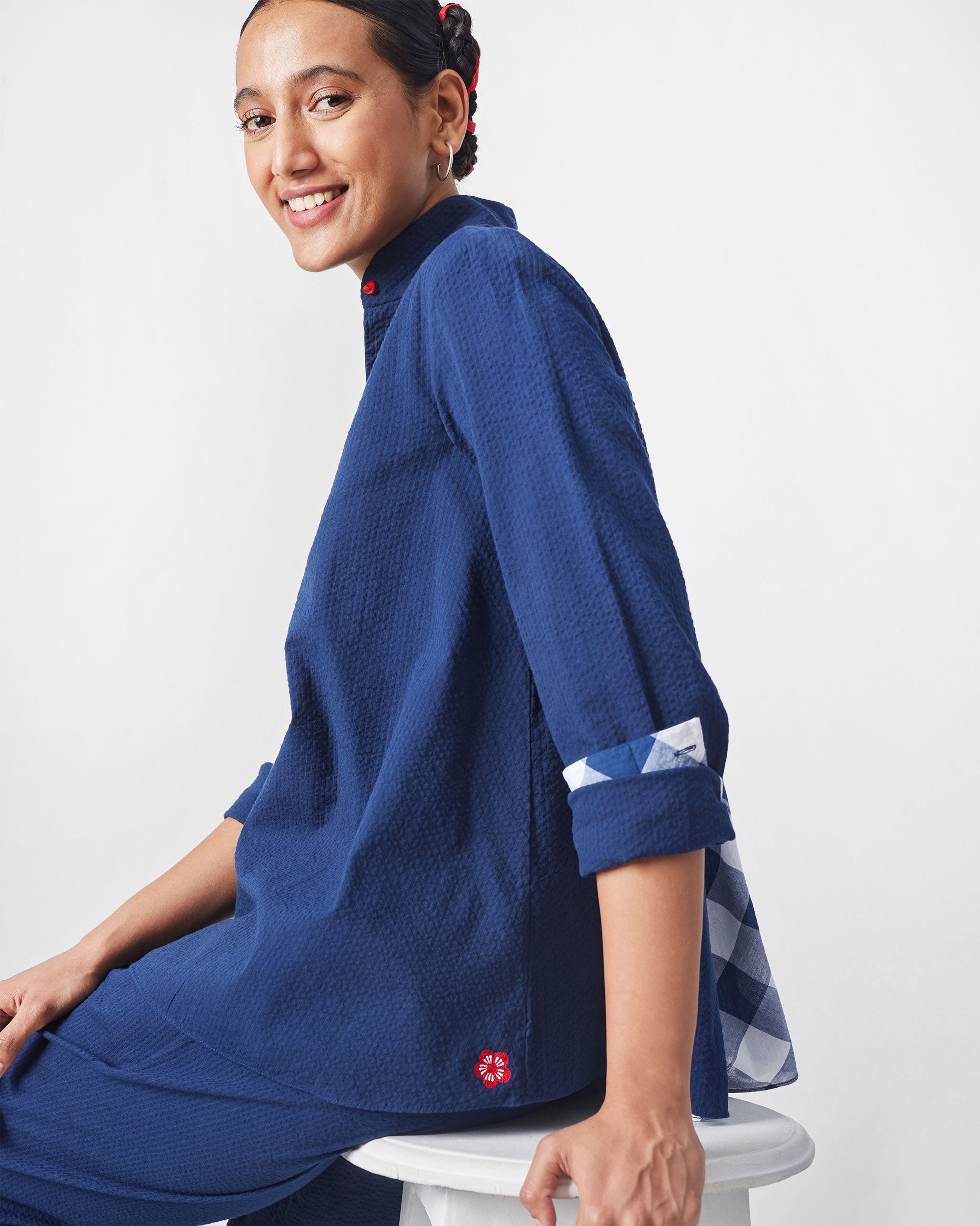 The Mizu Gusset Top Set - Navy Seersucker