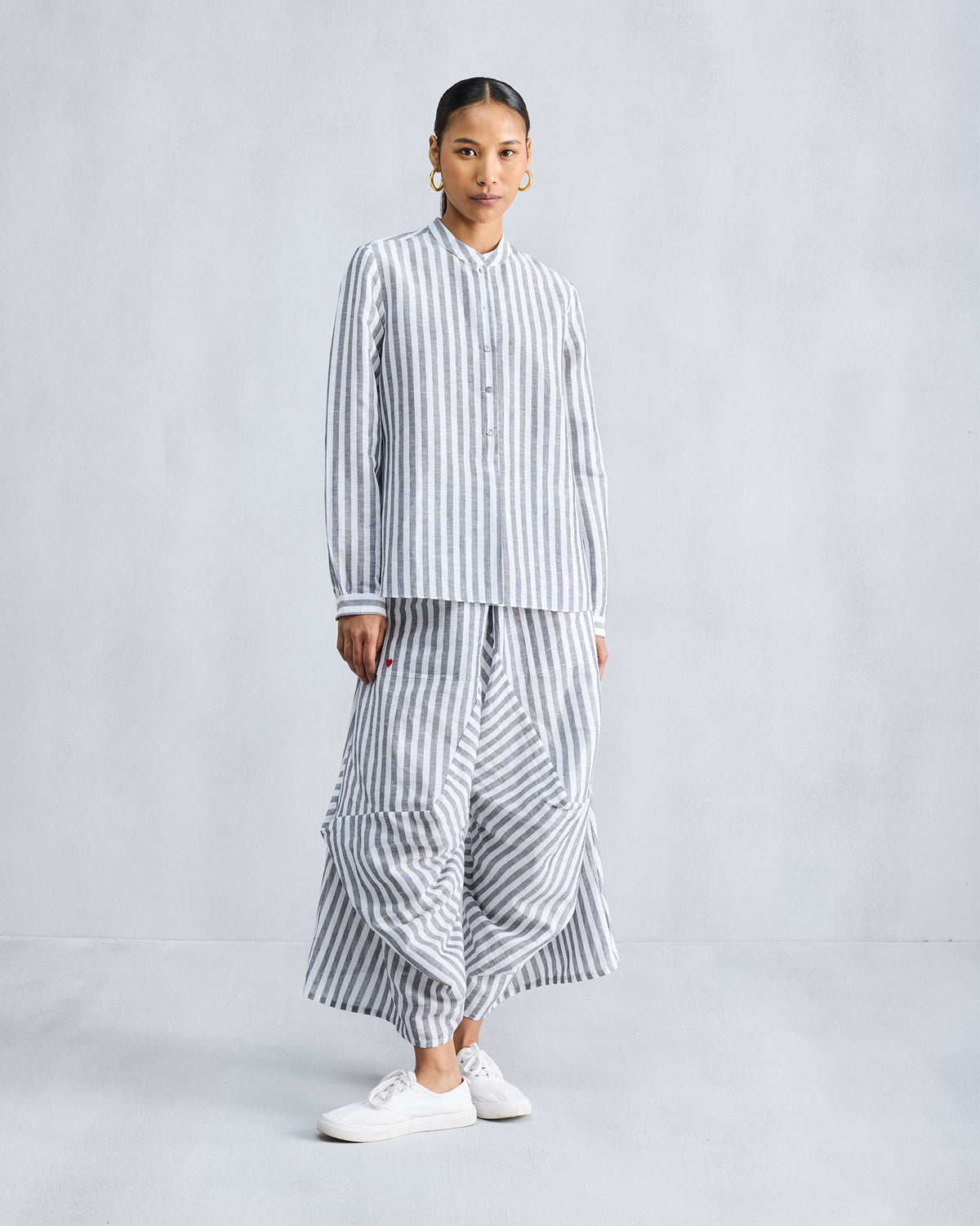 Mandarin Collar Top - Charcoal & White Stripes