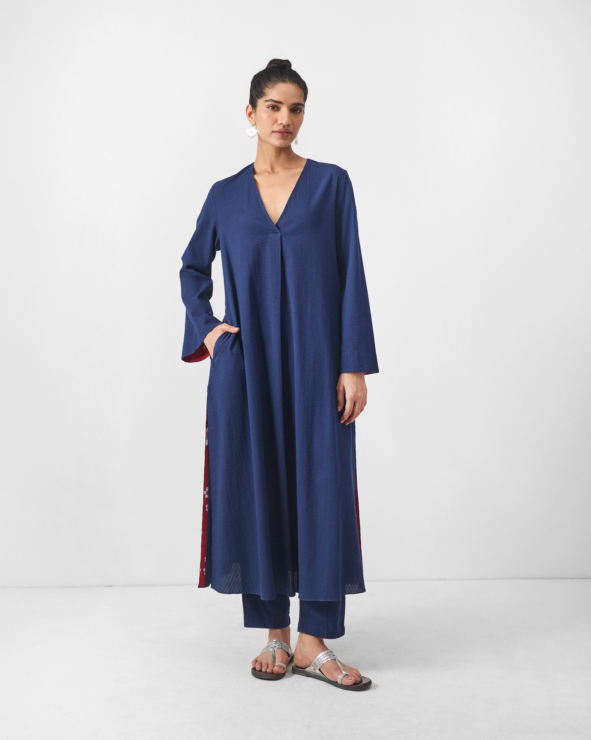The Bell Sleeves Kurta Set - Navy Seersucker