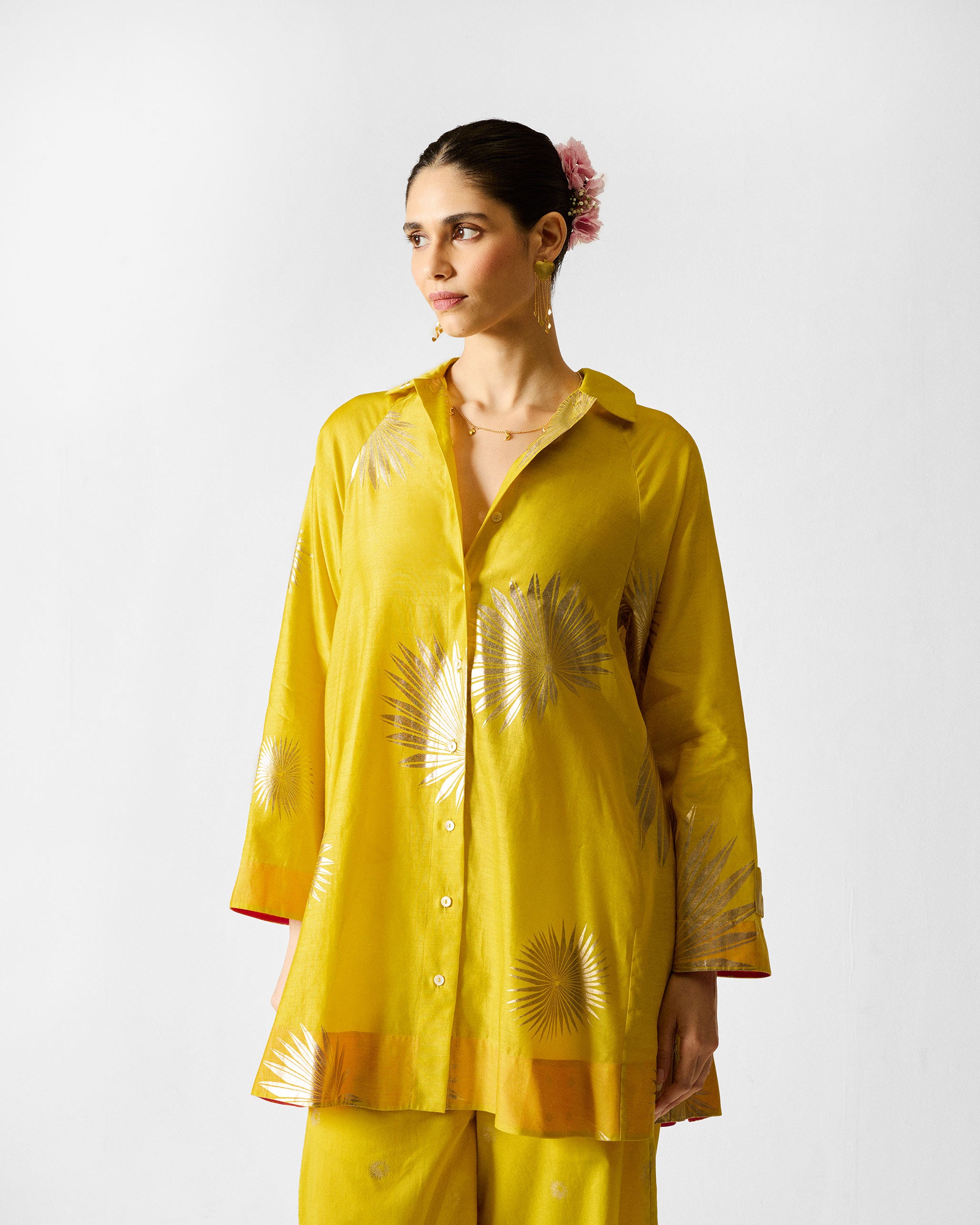 The Flare Panelled Shirt Set - Chartreuse & Gold Printed