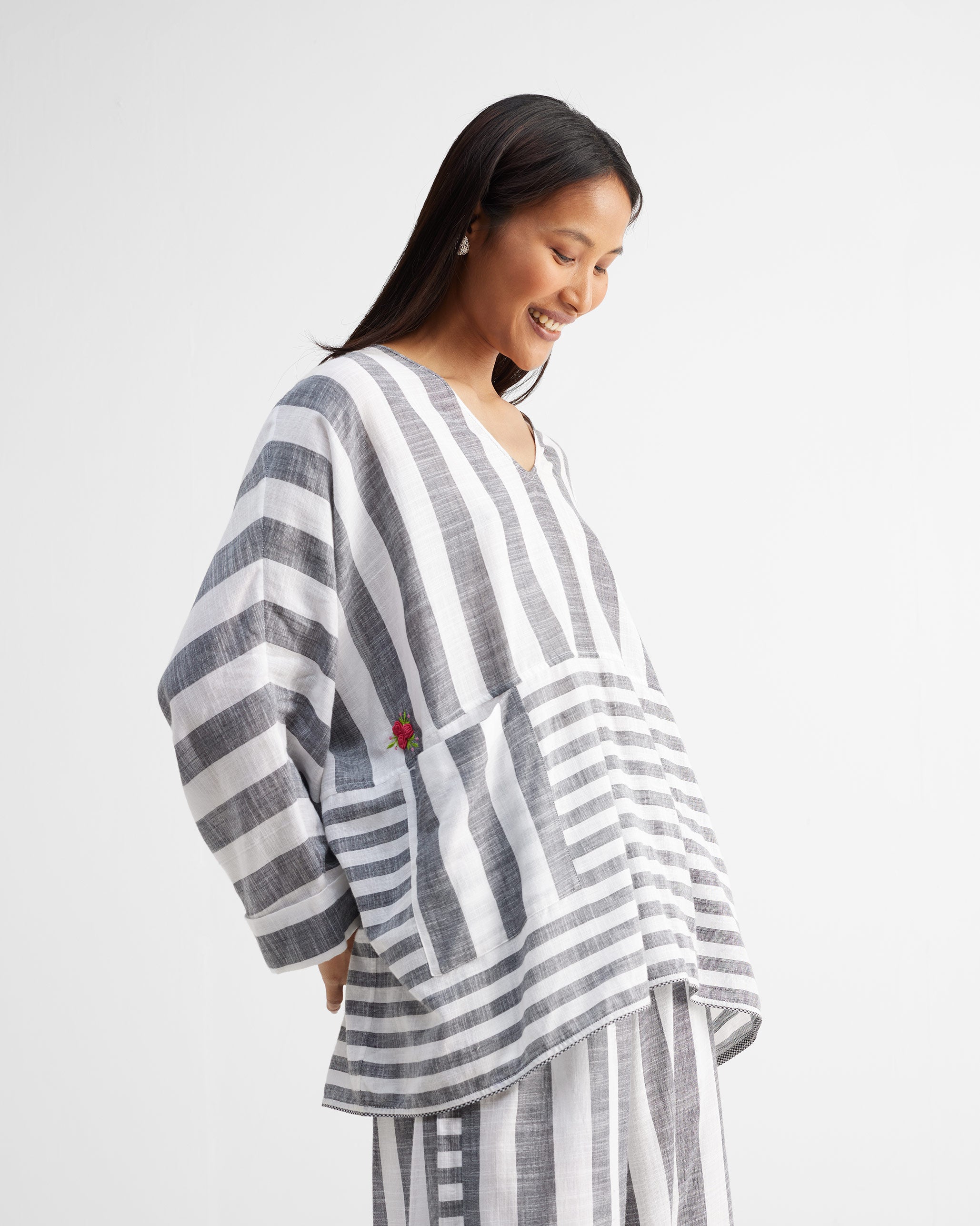 The Victory Top Set - Charcoal & White Stripes
