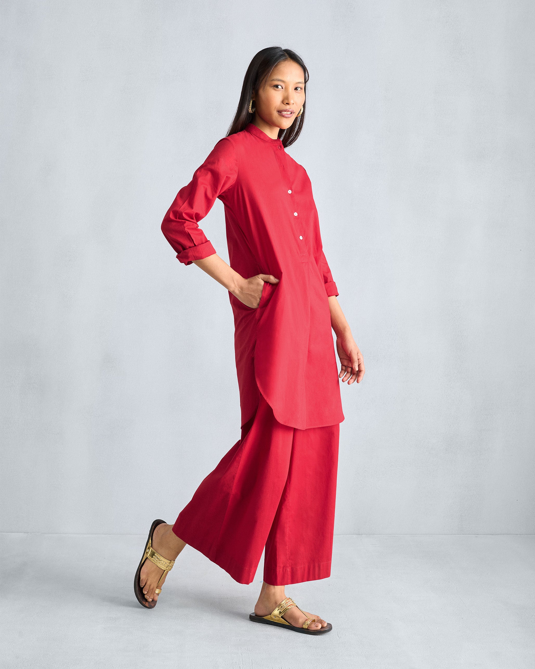 The Basic Mid Length Kurta Set - Red