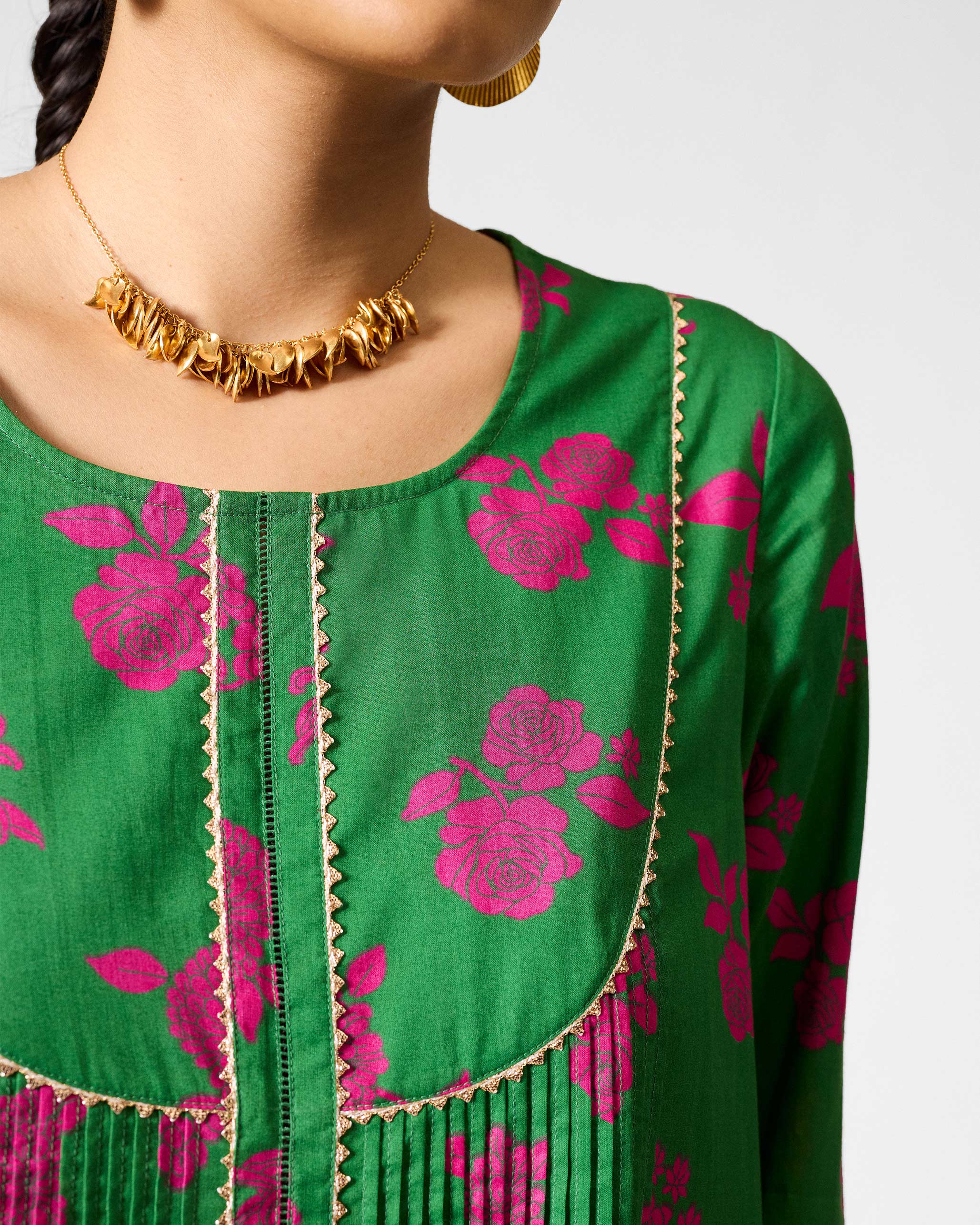 The Ayat Kurta Set - Green & Fuchsia Printed