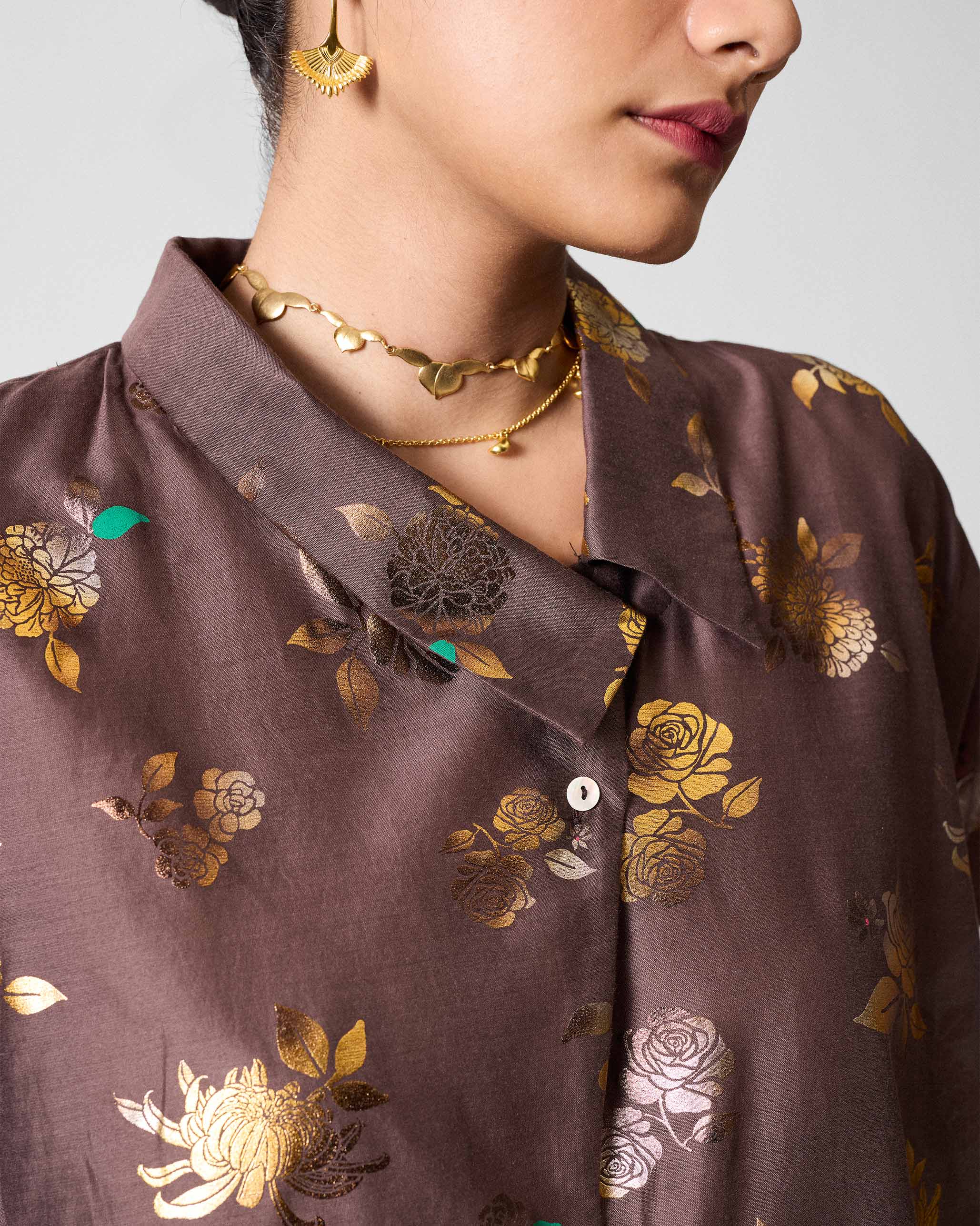The Camber Top Set- Chocolate Brown & Gold Printed