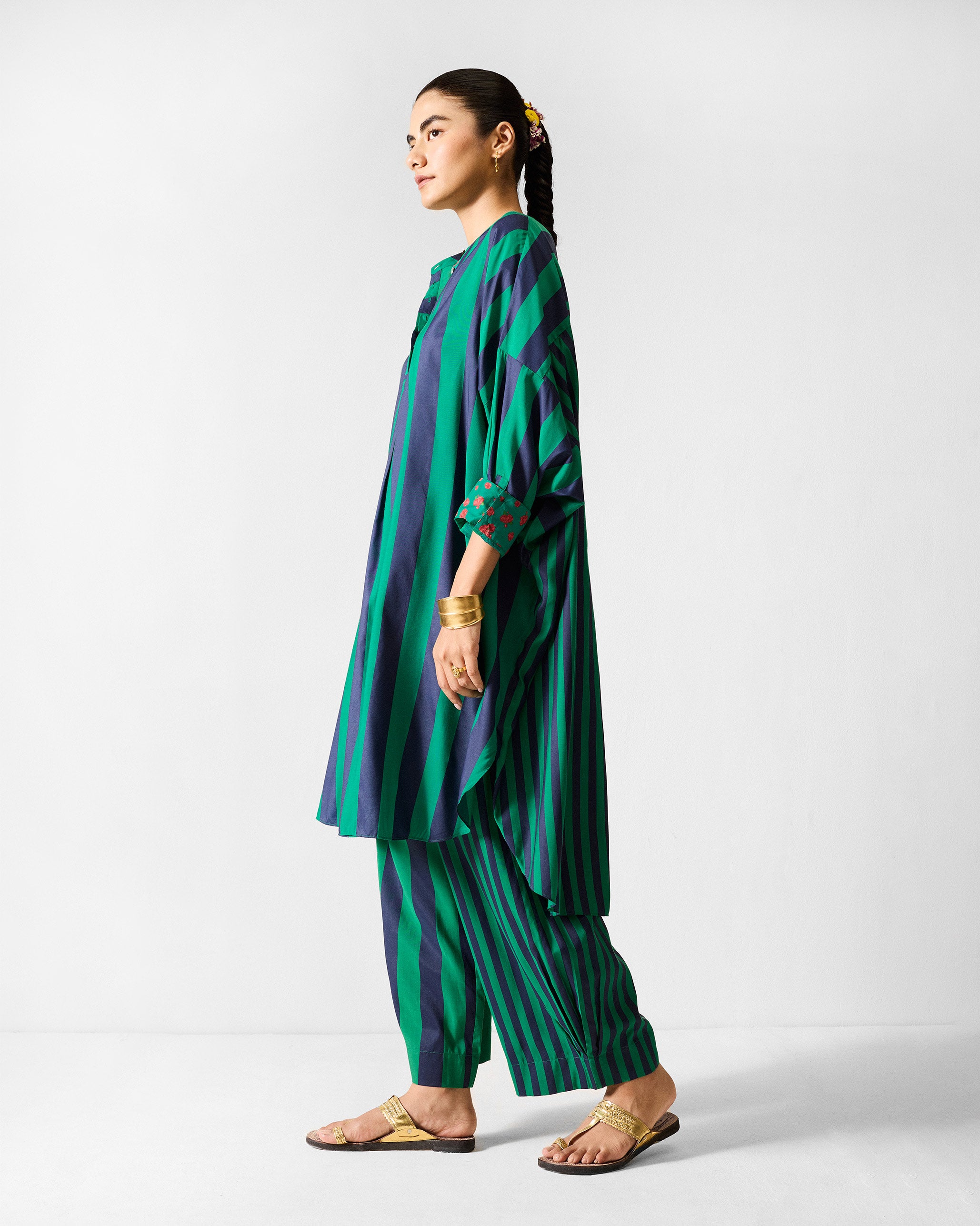 The Lazy Sunday Tunic Set - Navy & Green Stripes