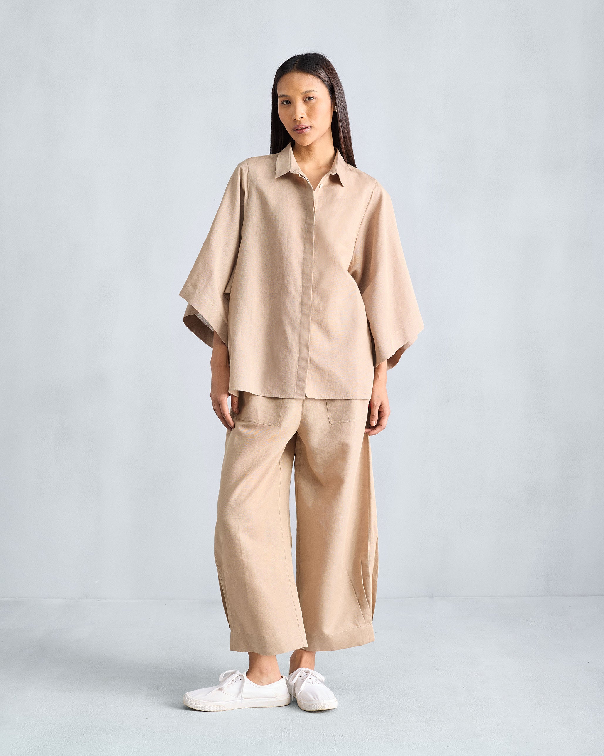 The Drop Armhole Shirt Set - Beige