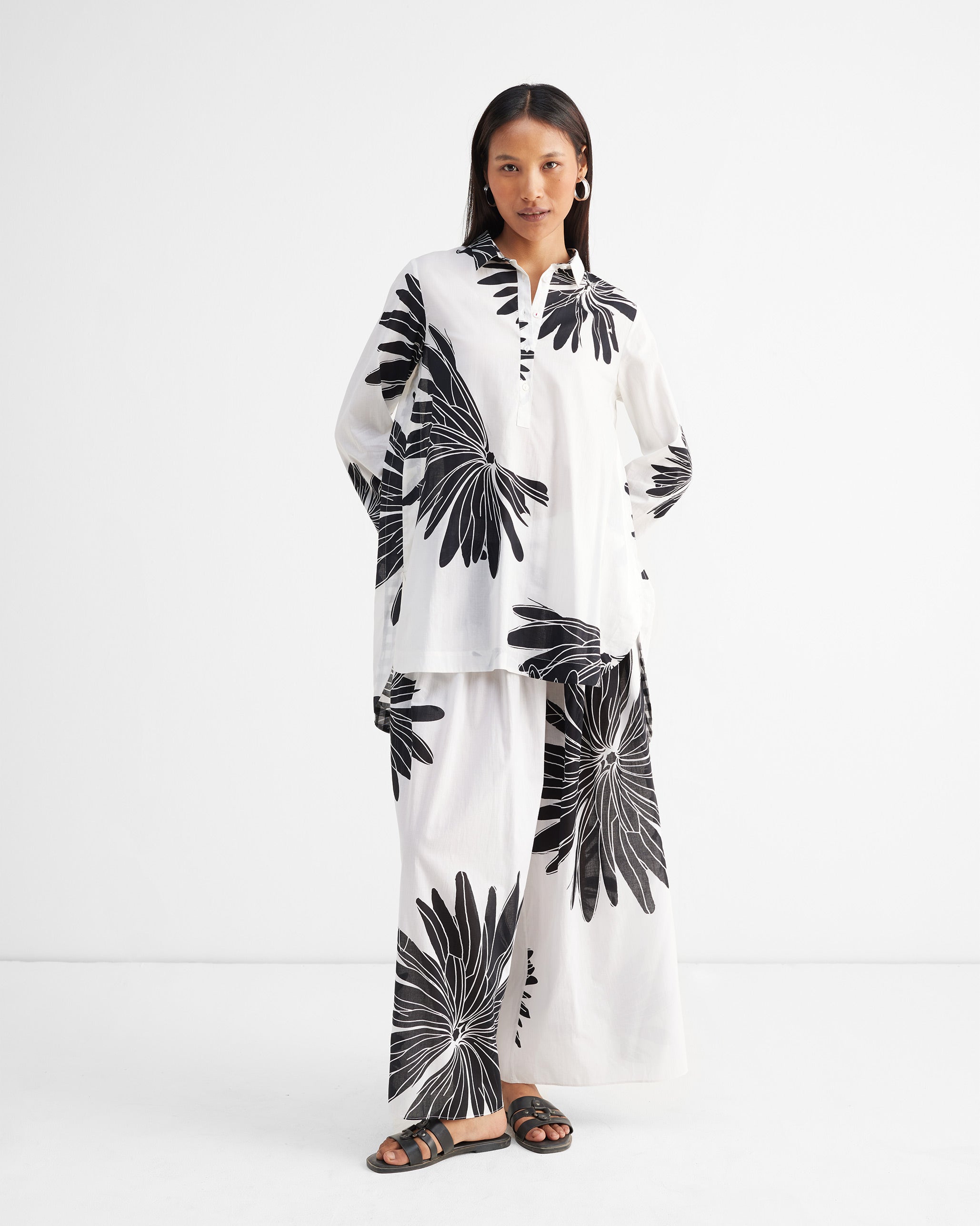 The High Low Shirt Set - Black & White Printed