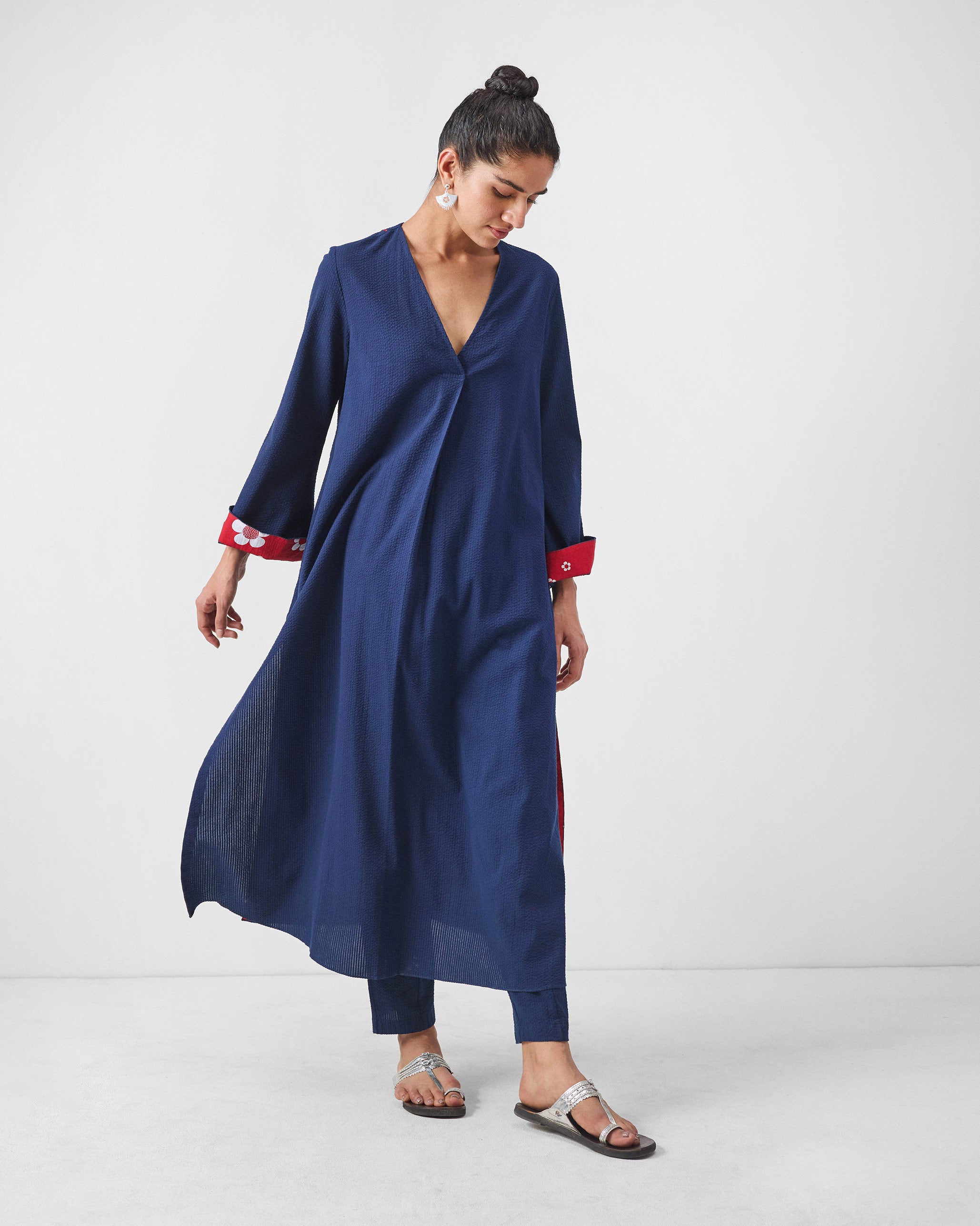 The Bell Sleeves Kurta Set - Navy Seersucker
