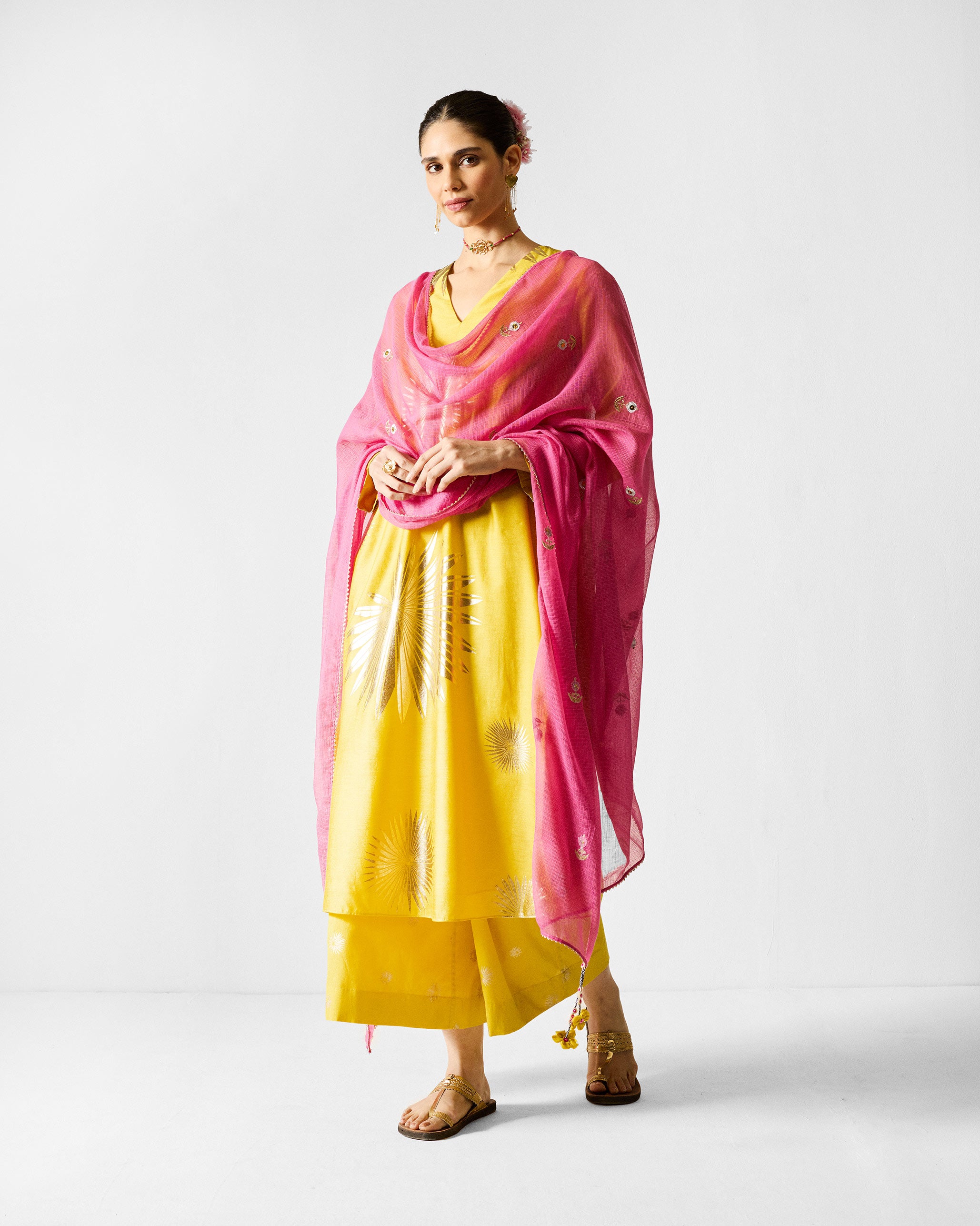 The V-Neck Flared Kurta Set - Chartreuse & Gold Printed