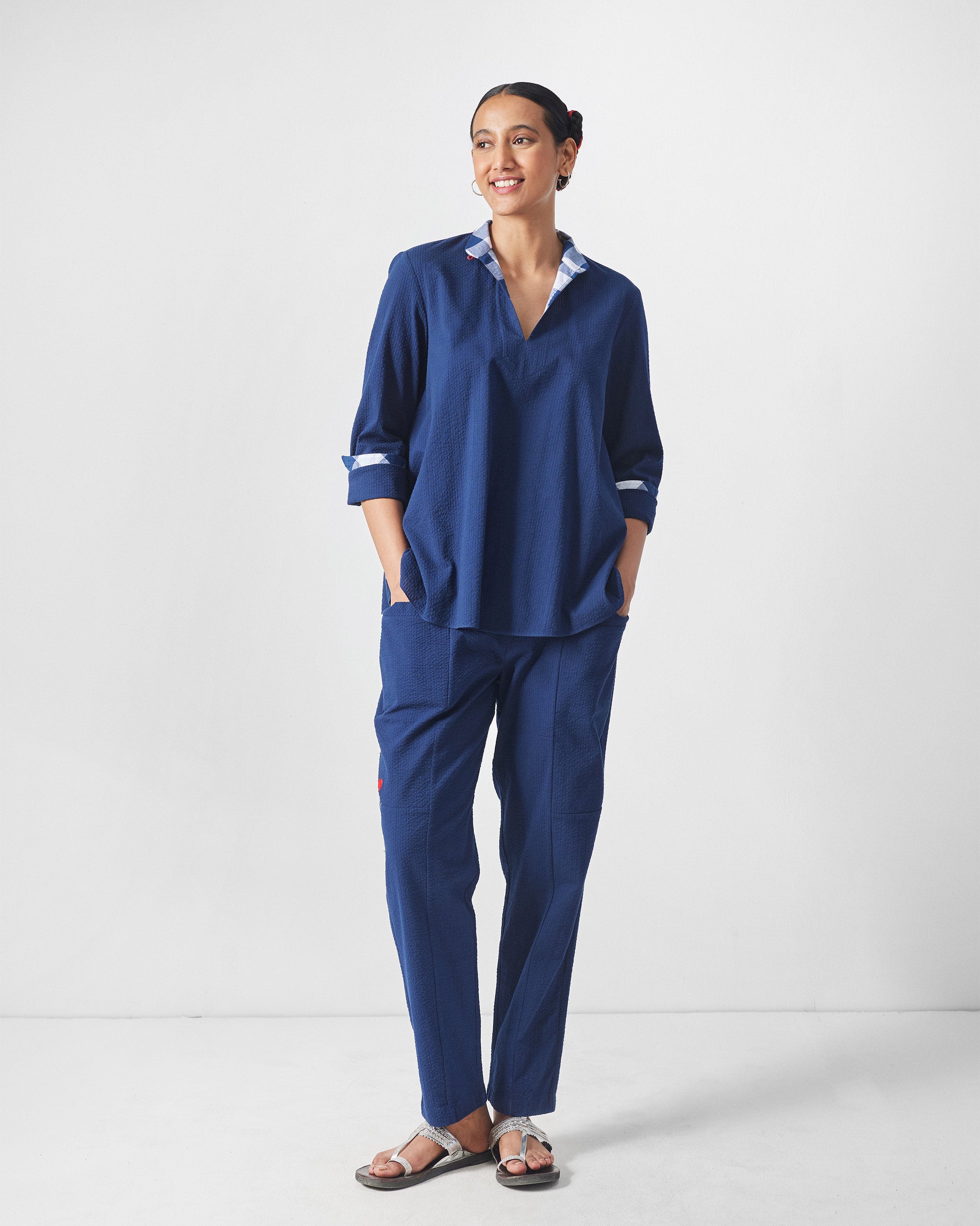 The Mizu Gusset Top Set - Navy Seersucker