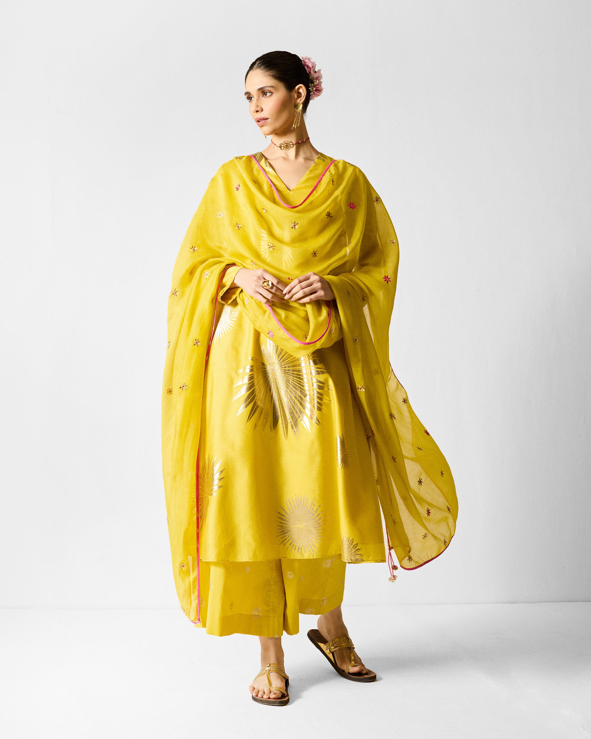 The V-Neck Flared Kurta Set - Chartreuse & Gold Printed