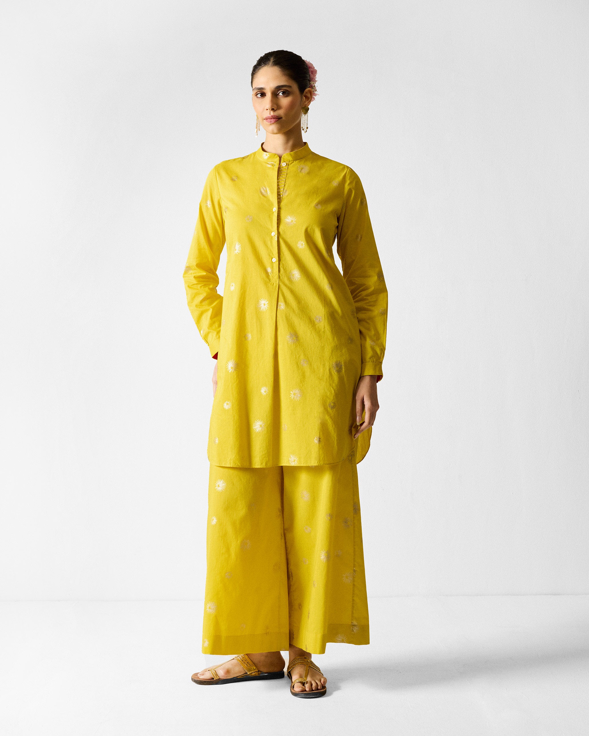 The Basic Mid Length Kurta Set - Chartreuse & Gold Printed