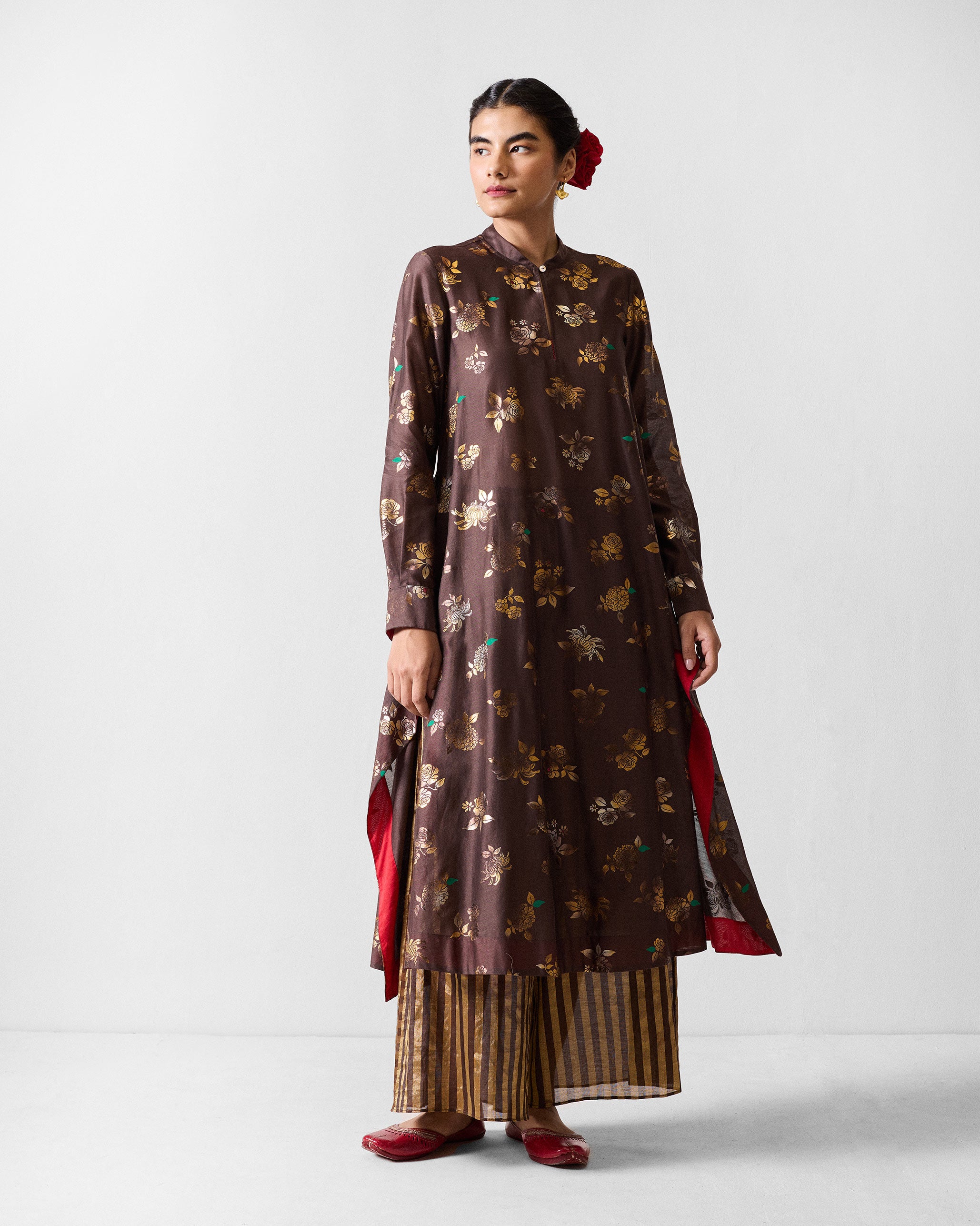 The Kovai Kurta Set - Chocolate Brown & Gold Print