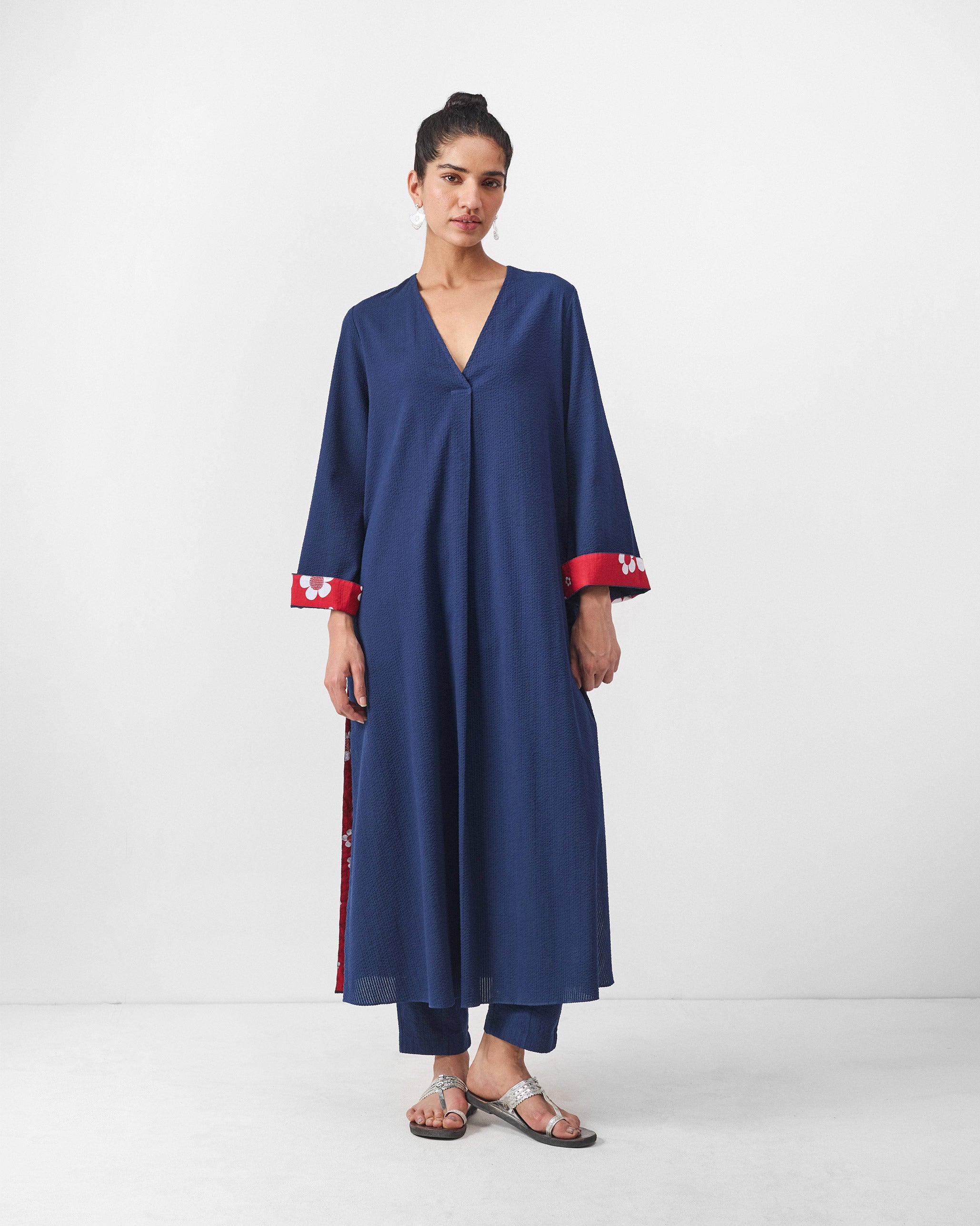The Bell Sleeves Kurta Set - Navy Seersucker