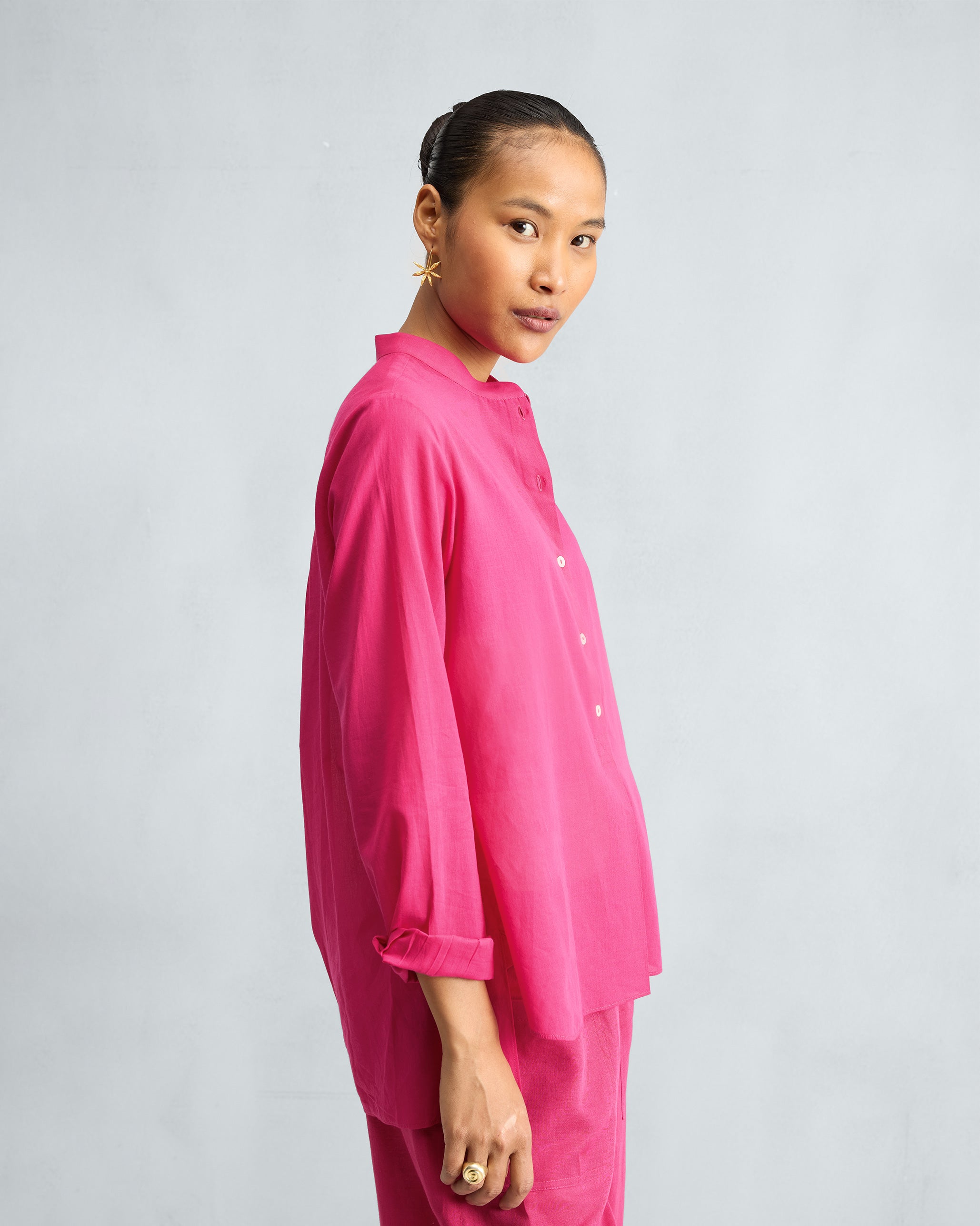 The Mandarin Collar Top Set - Fuchsia