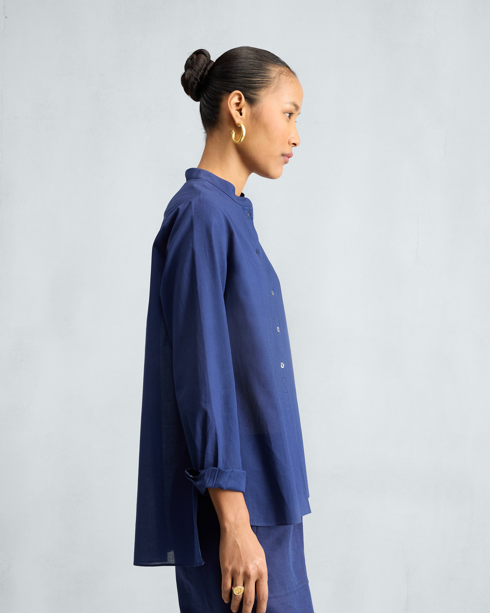 The Mandarin Collar Top Set - Ink Blue