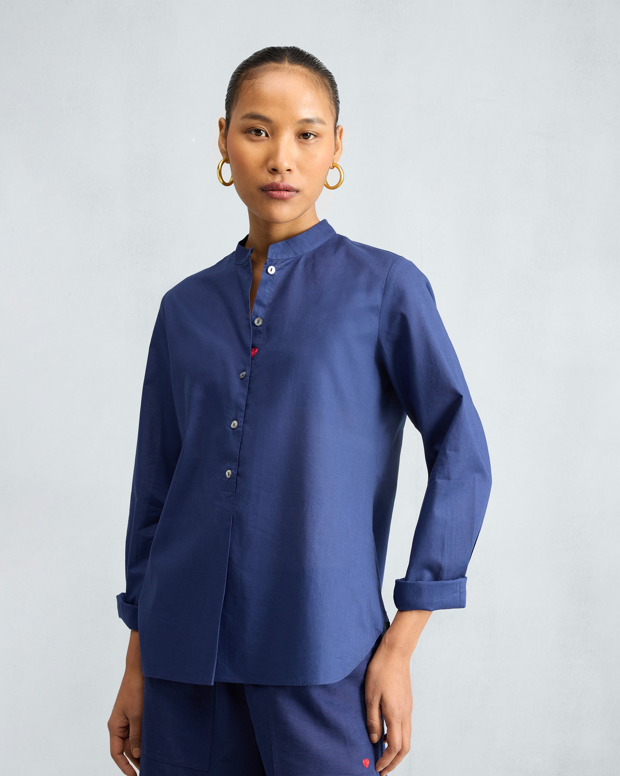 The Mandarin Collar Top Set - Ink Blue