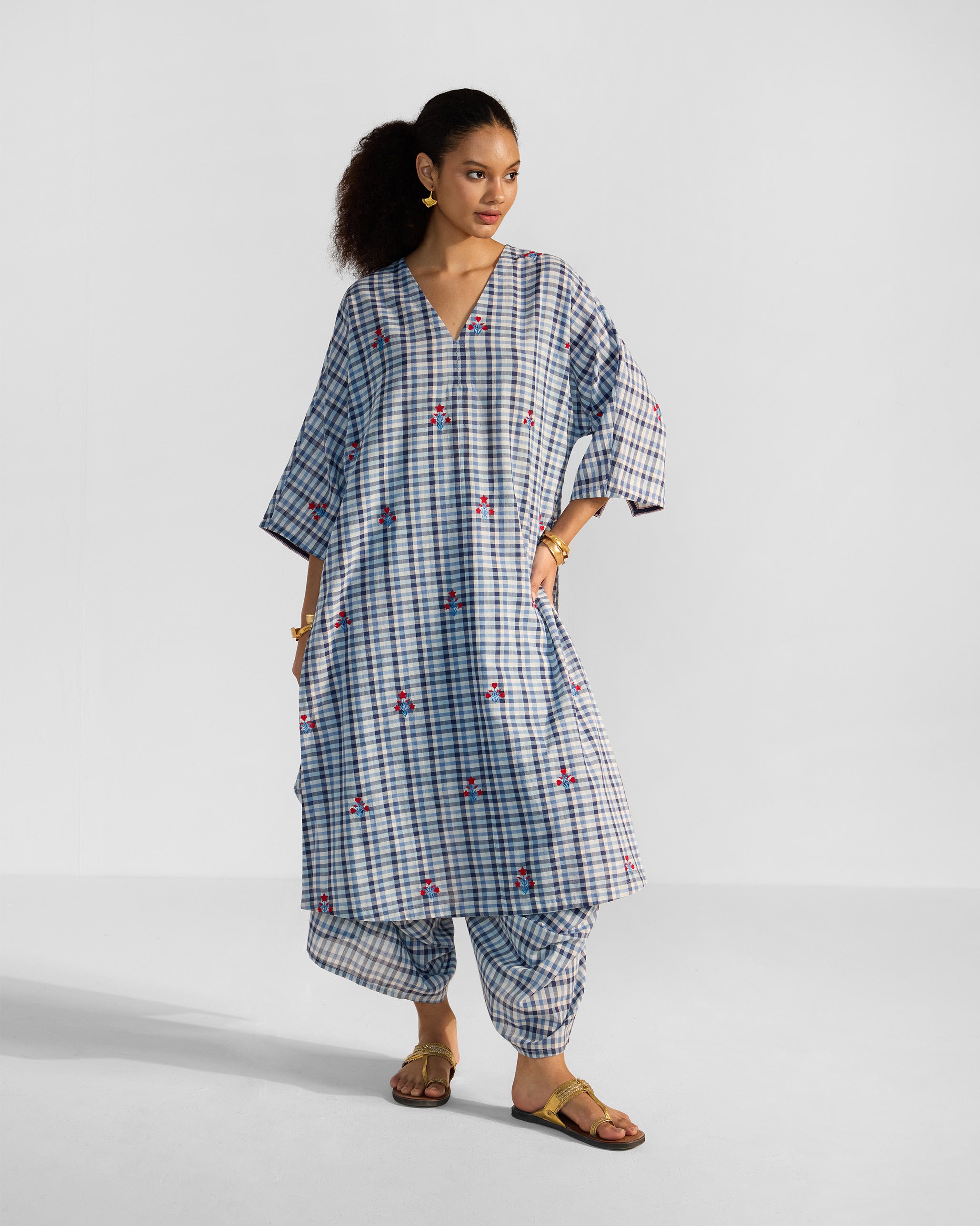 The Aava Kurta Set - Blue & White Checks