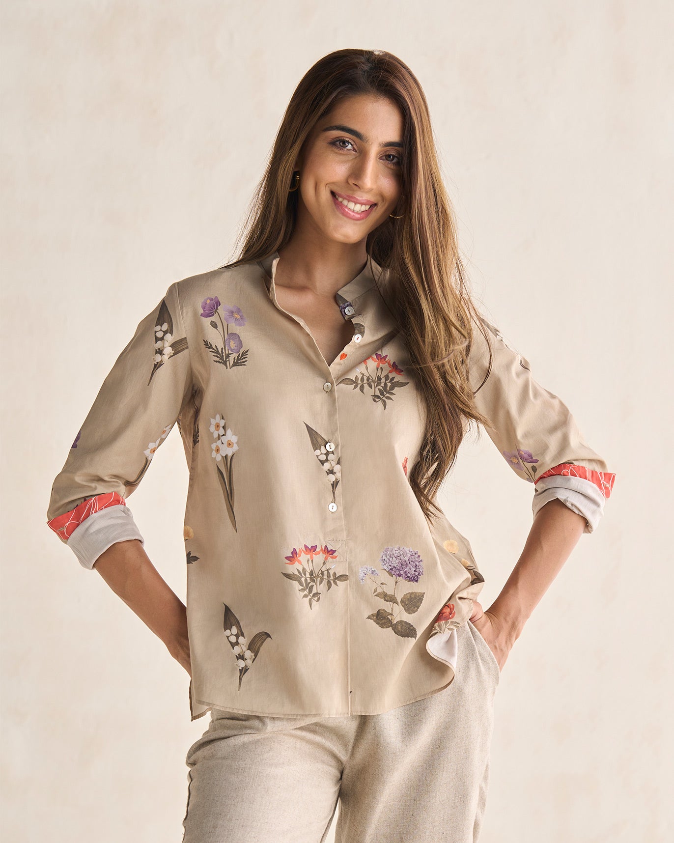 Mandarin Collar Shirt - Beige