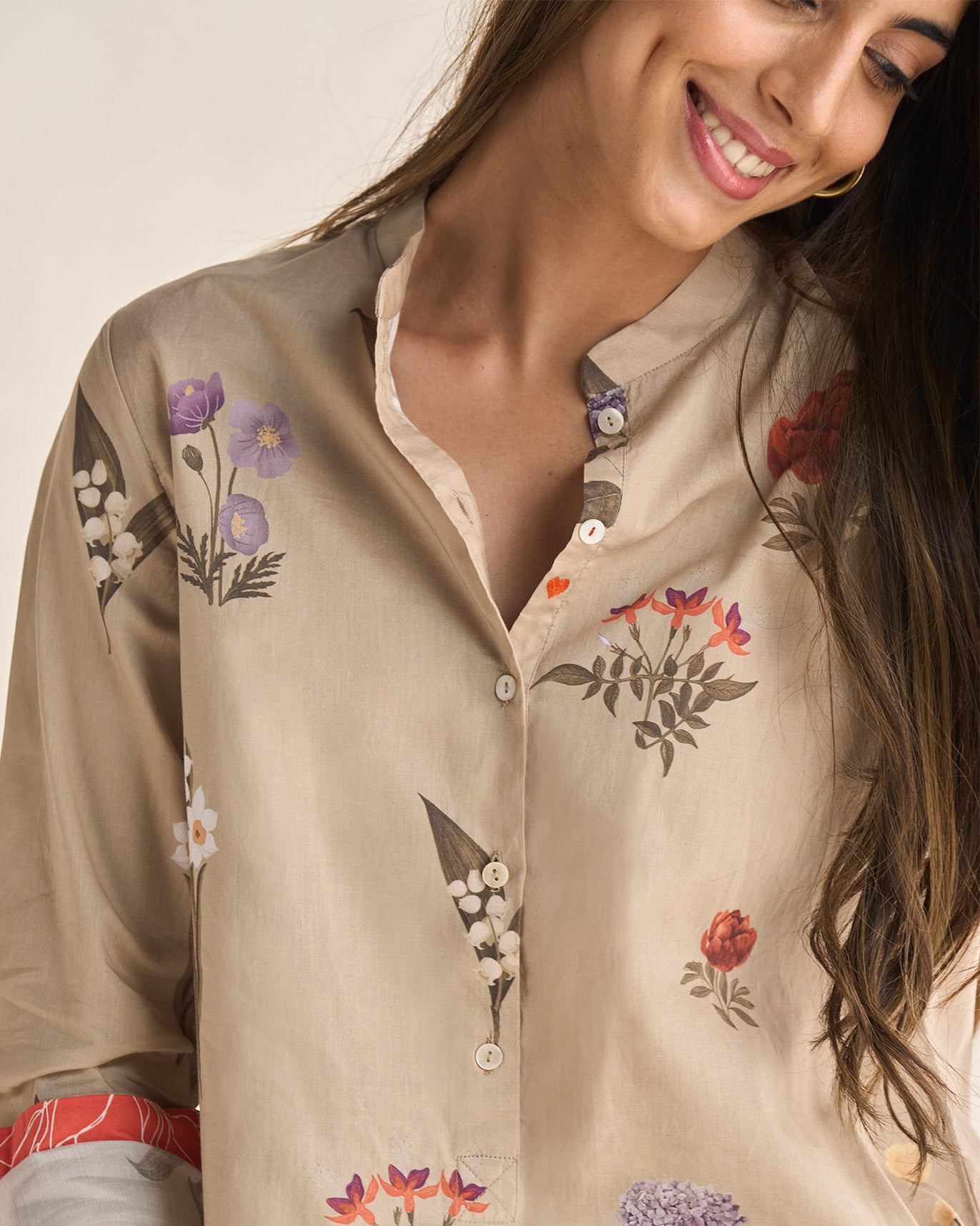 Mandarin Collar Shirt - Beige