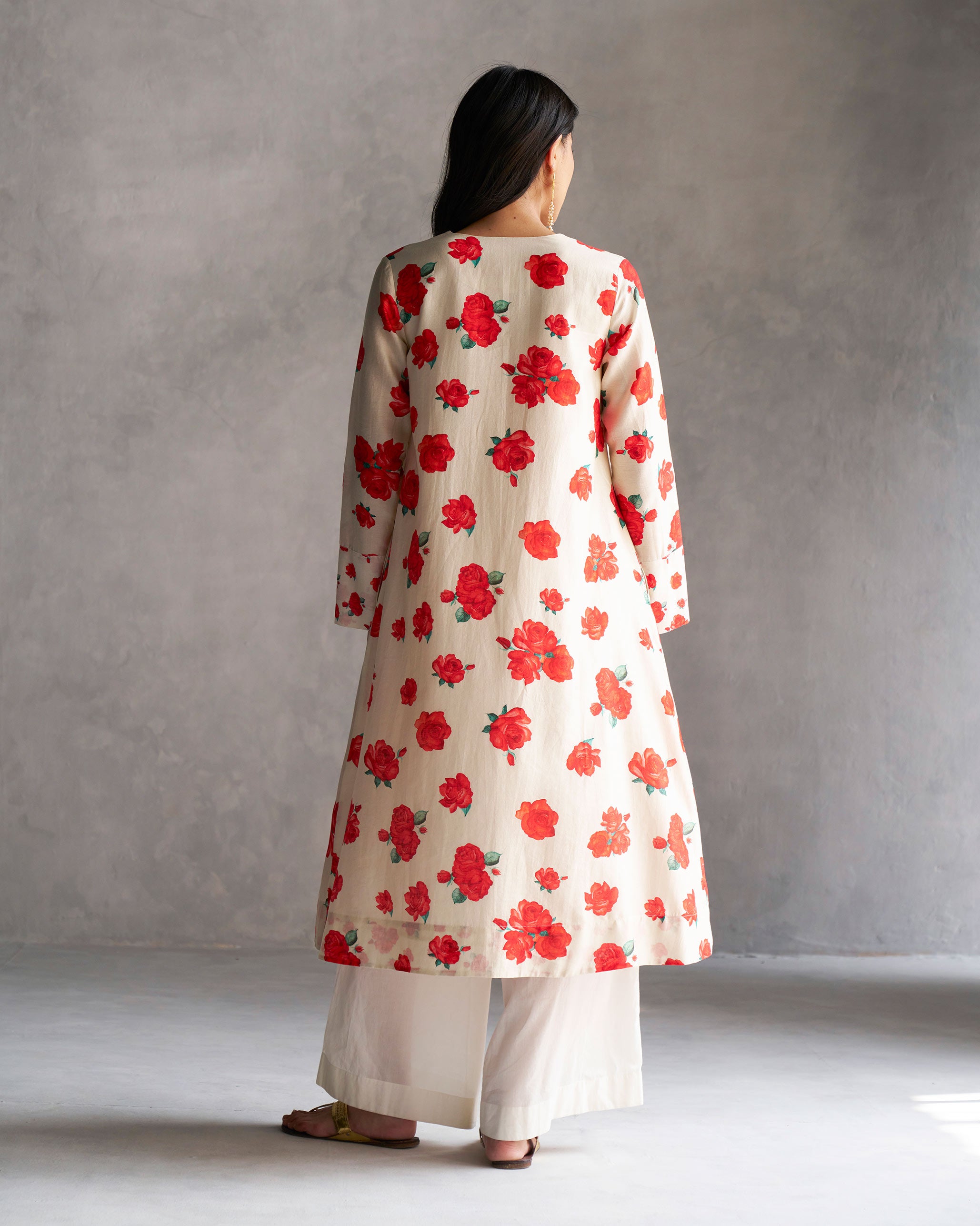 Flared V-Neck Kurta - Ivory & Red