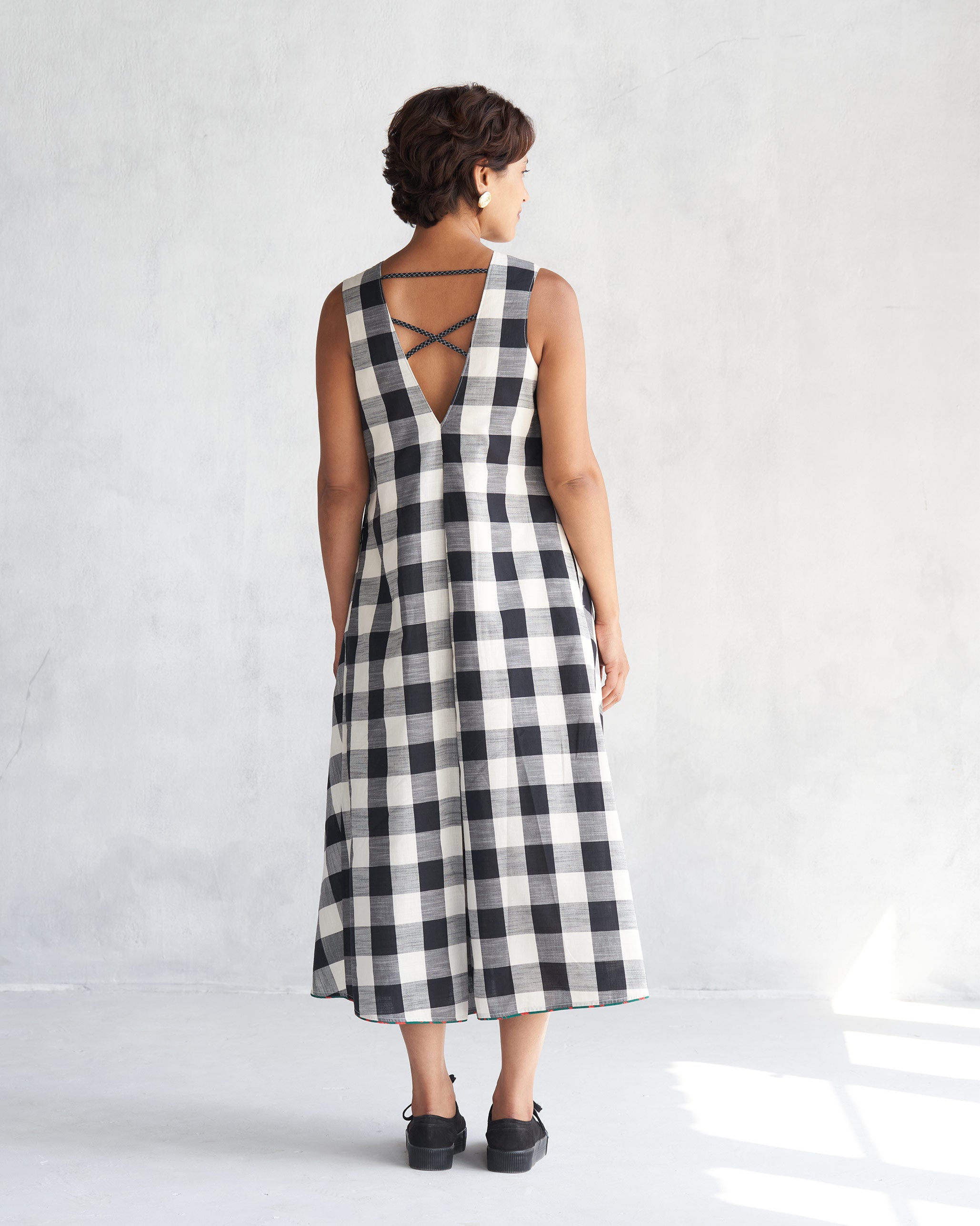 Checkered V-Neck Dress - Black & Ivory