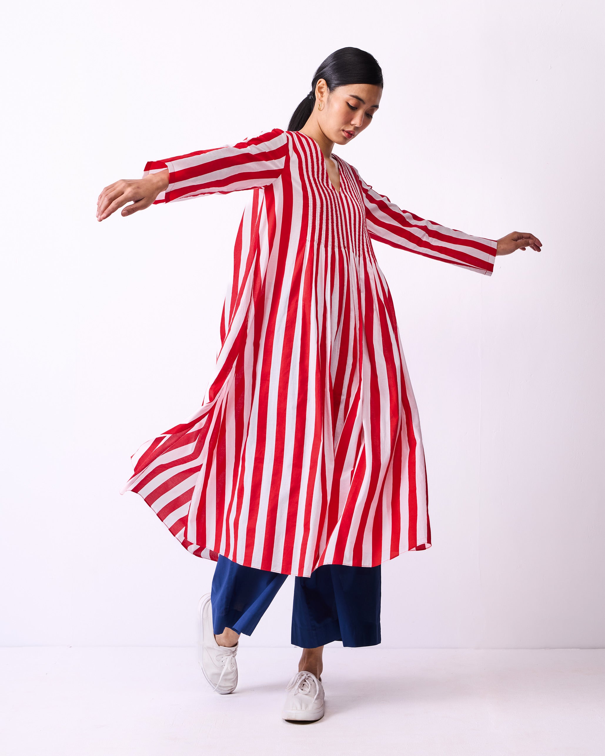 Pintuck Kurta - Red & White Stripes