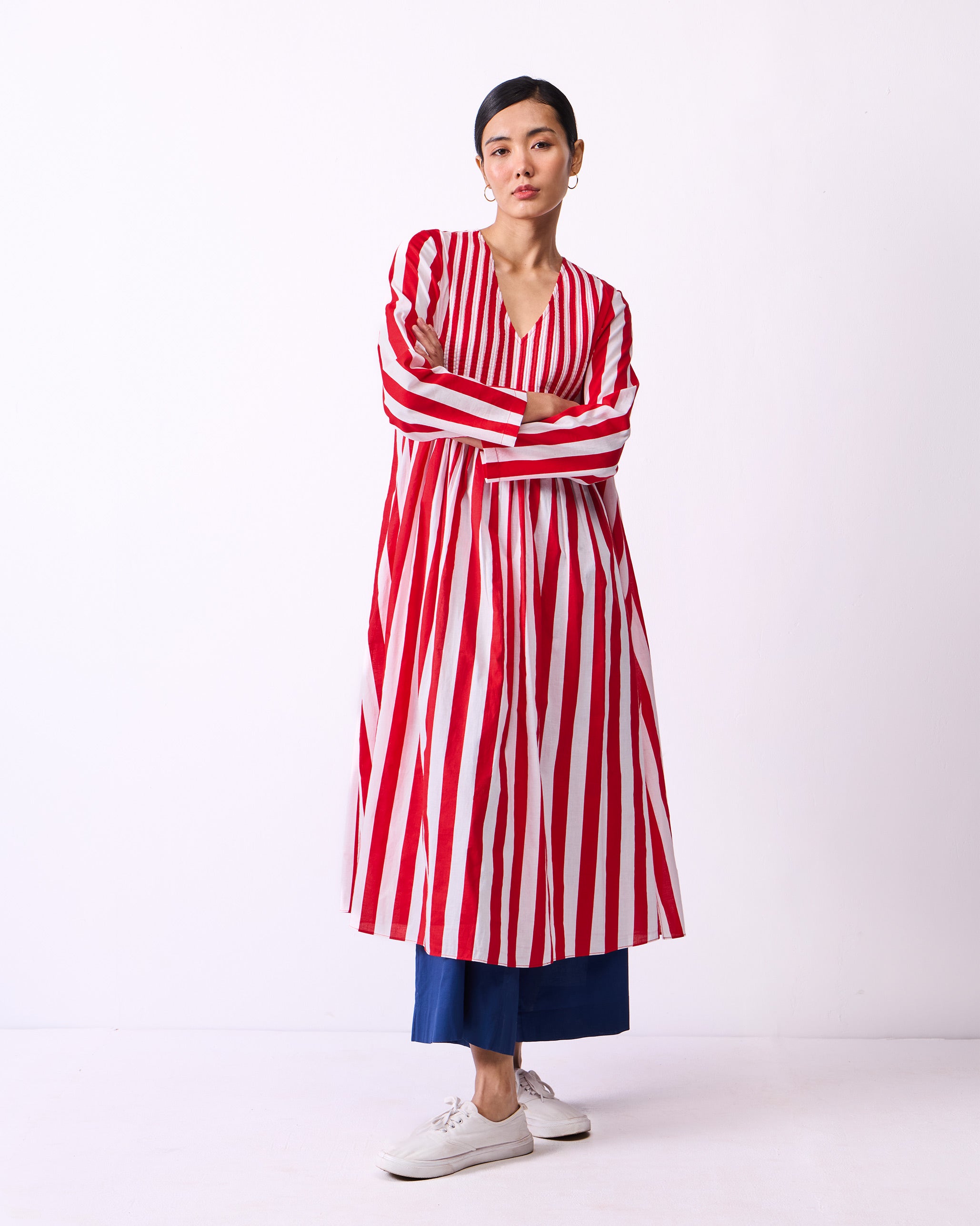 Pintuck Kurta - Red & White Stripes
