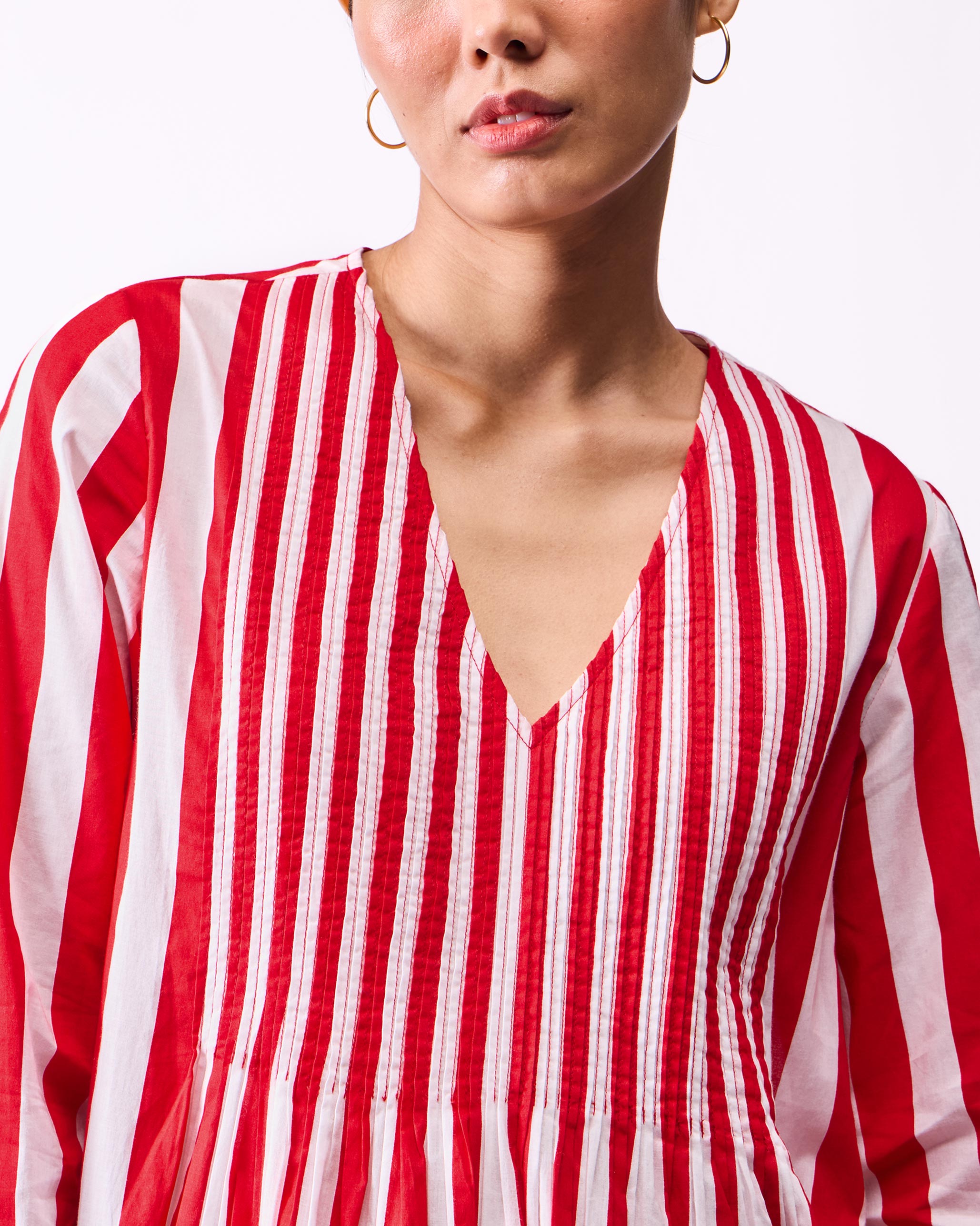 Pintuck Kurta - Red & White Stripes