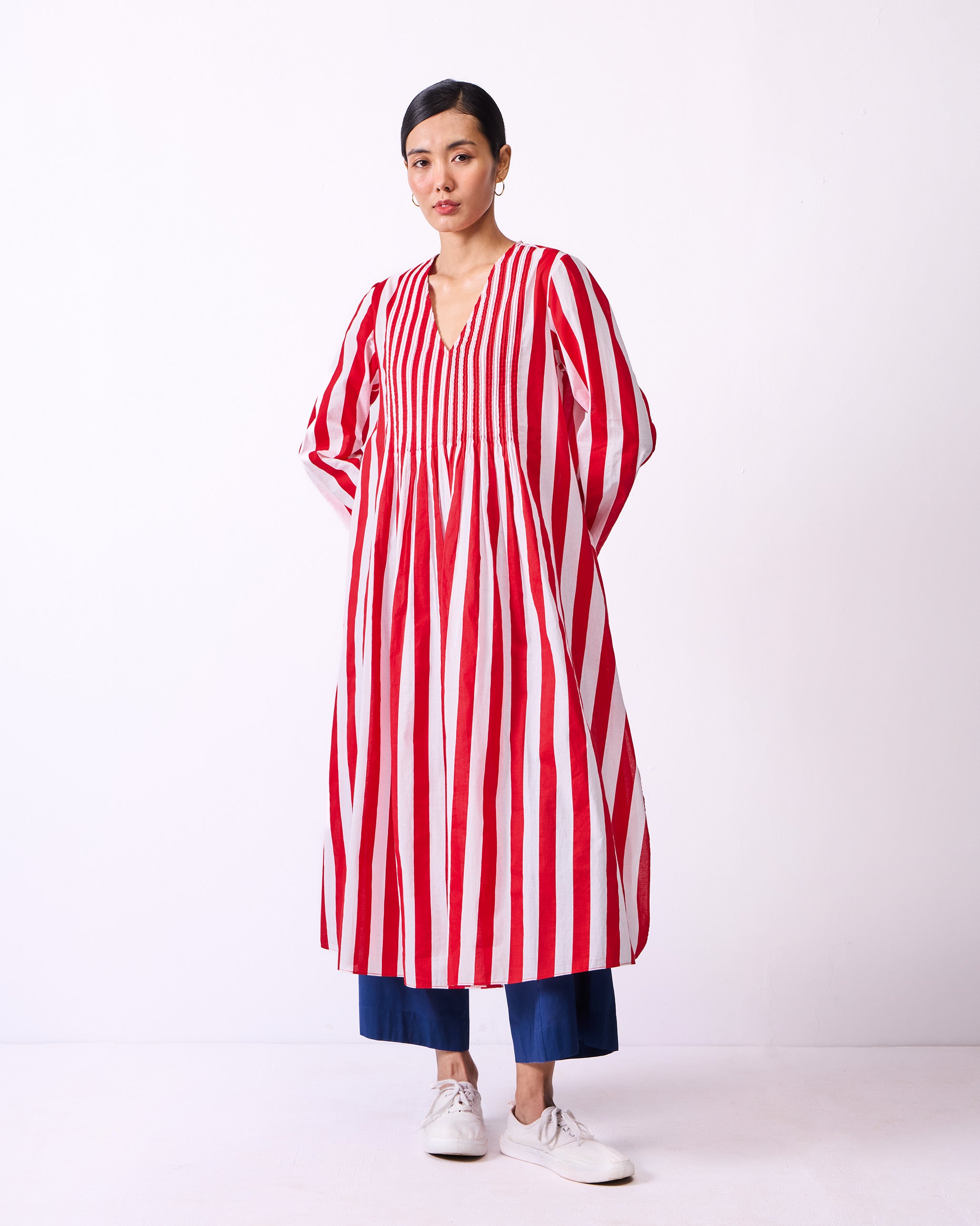 Pintuck Kurta - Red & White Stripes