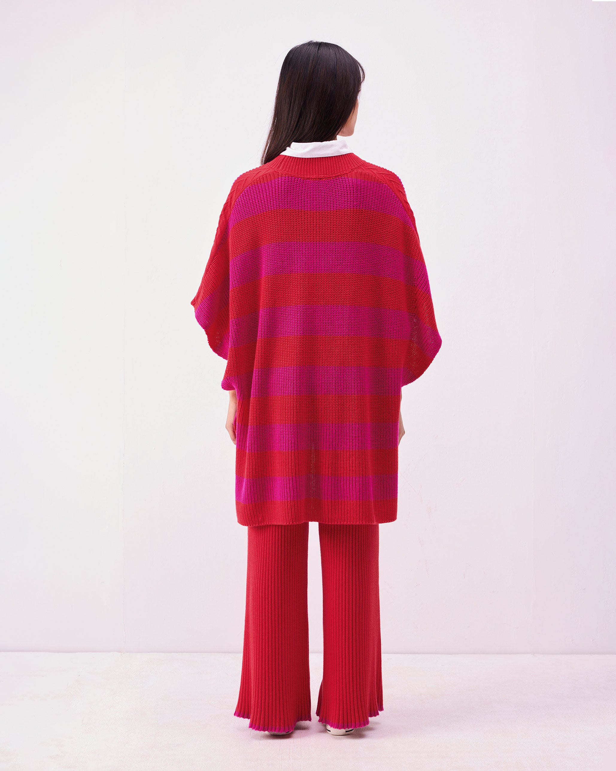 Dream High-low Hem Sweater - Fuchsia & Bright Red Stripes