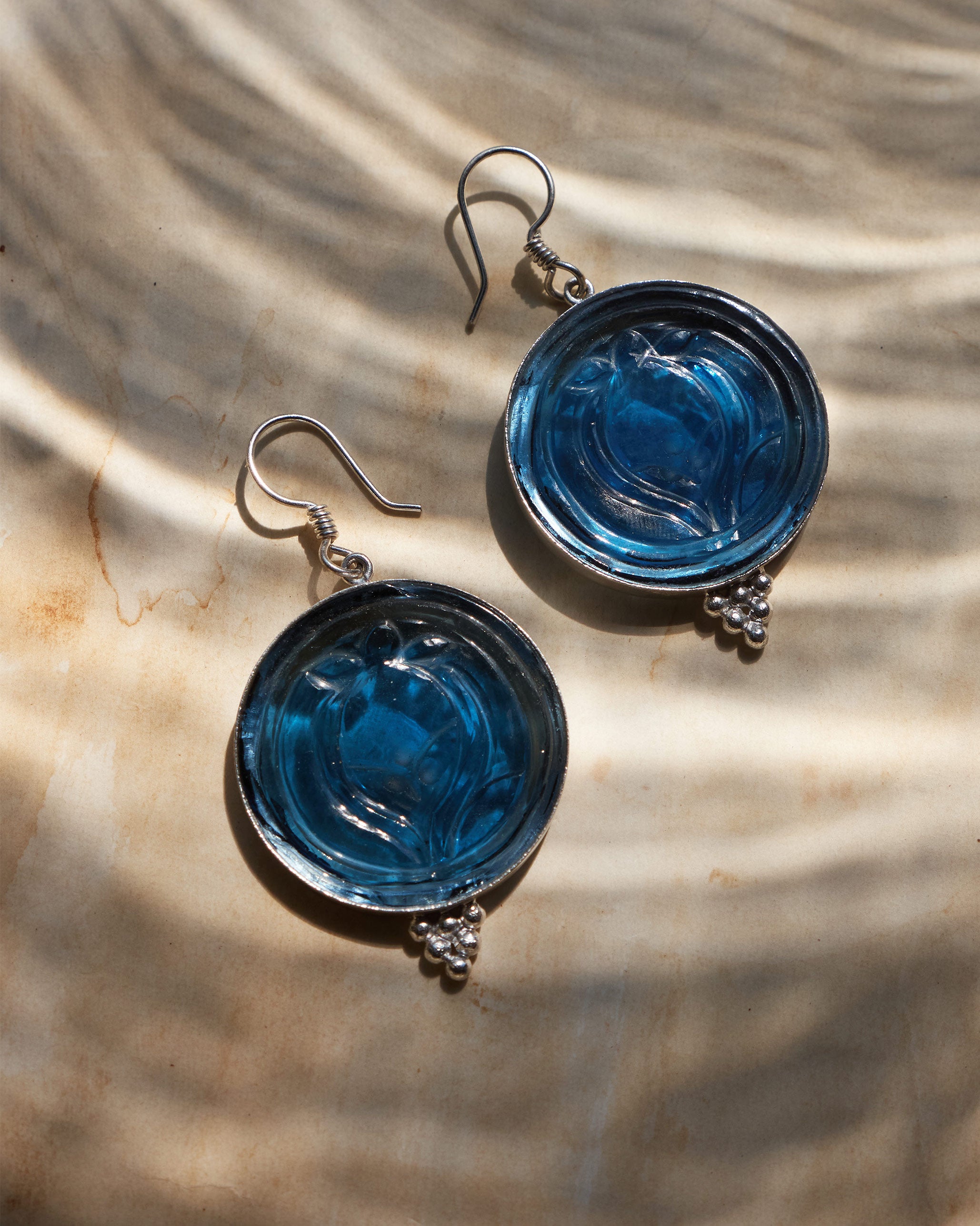 Anar Carved Glass Danglers Large - Blue