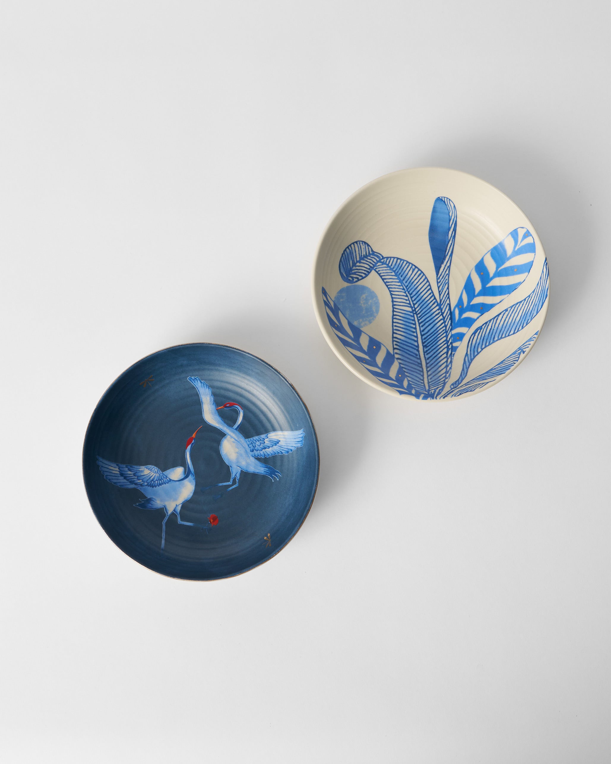 Dancing Crane Shallow Bowls - Set of 2