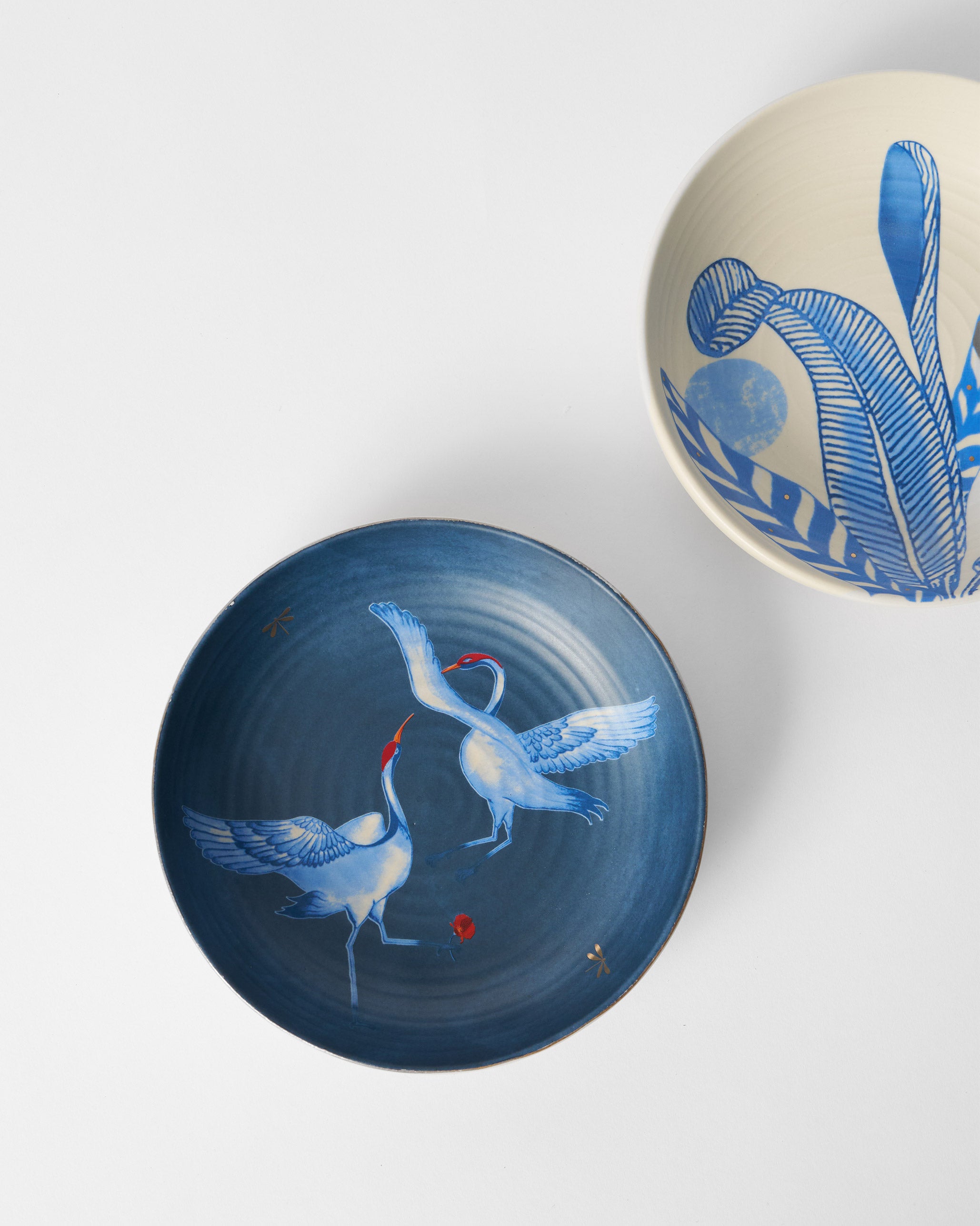 Dancing Crane Shallow Bowls - Set of 2