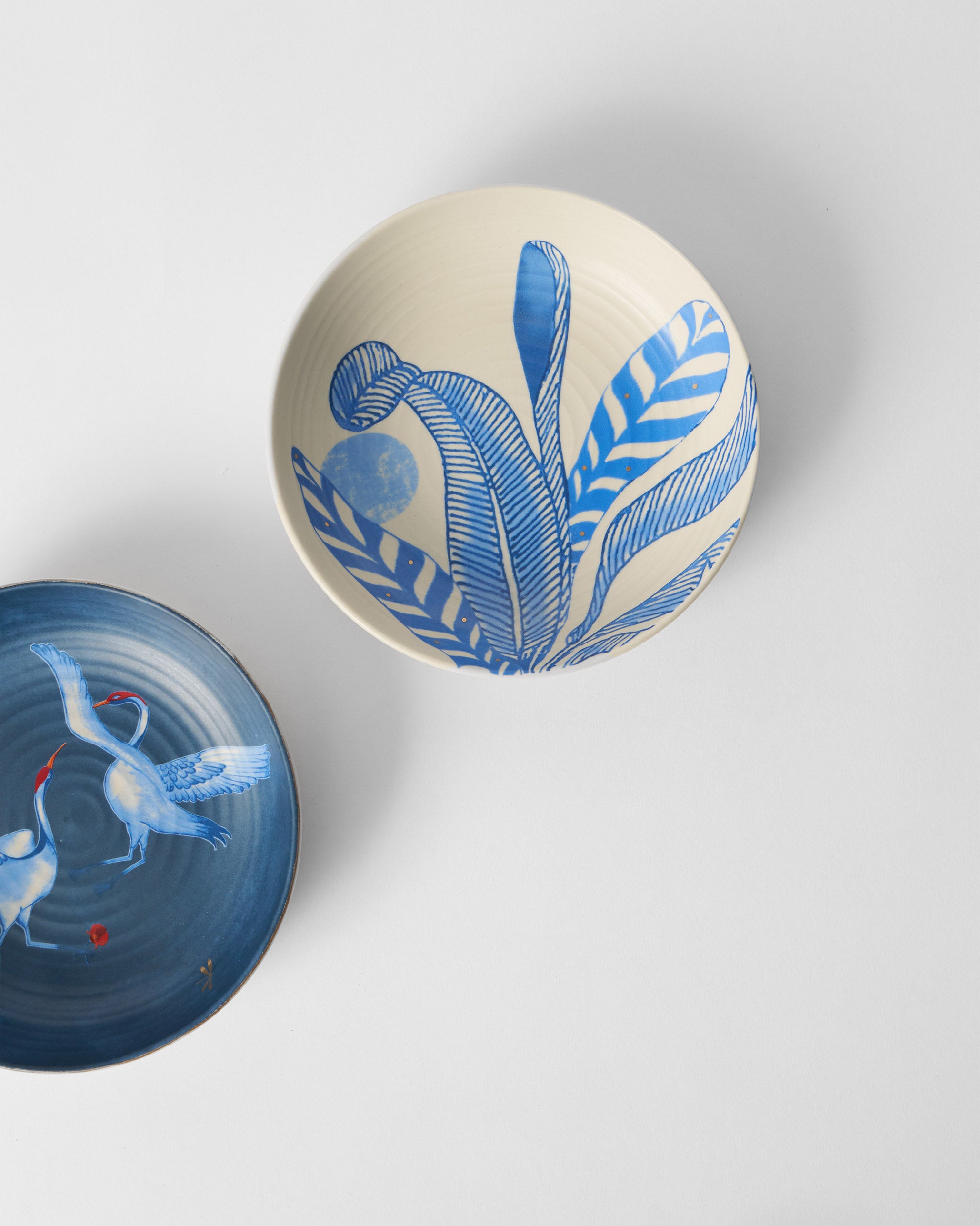 Dancing Crane Shallow Bowls - Set of 2
