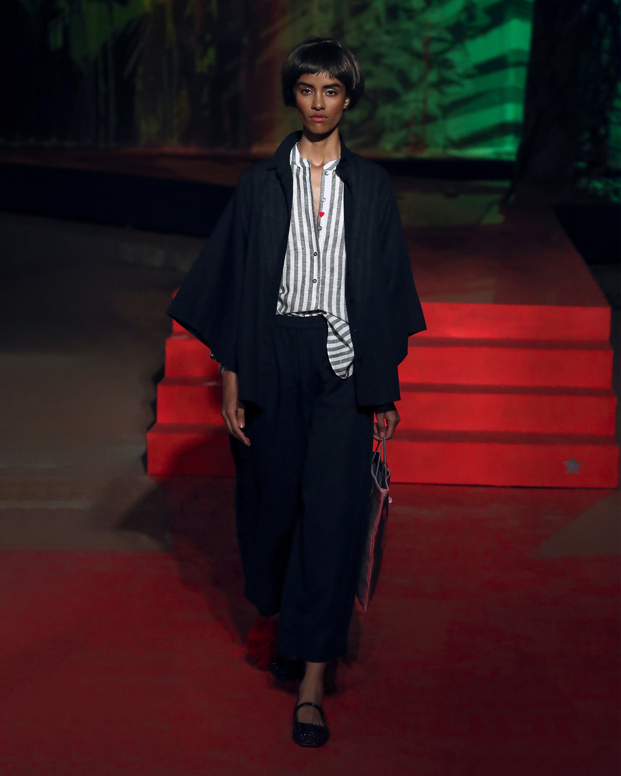 Mandarin Collar Top - Charcoal & White Stripes