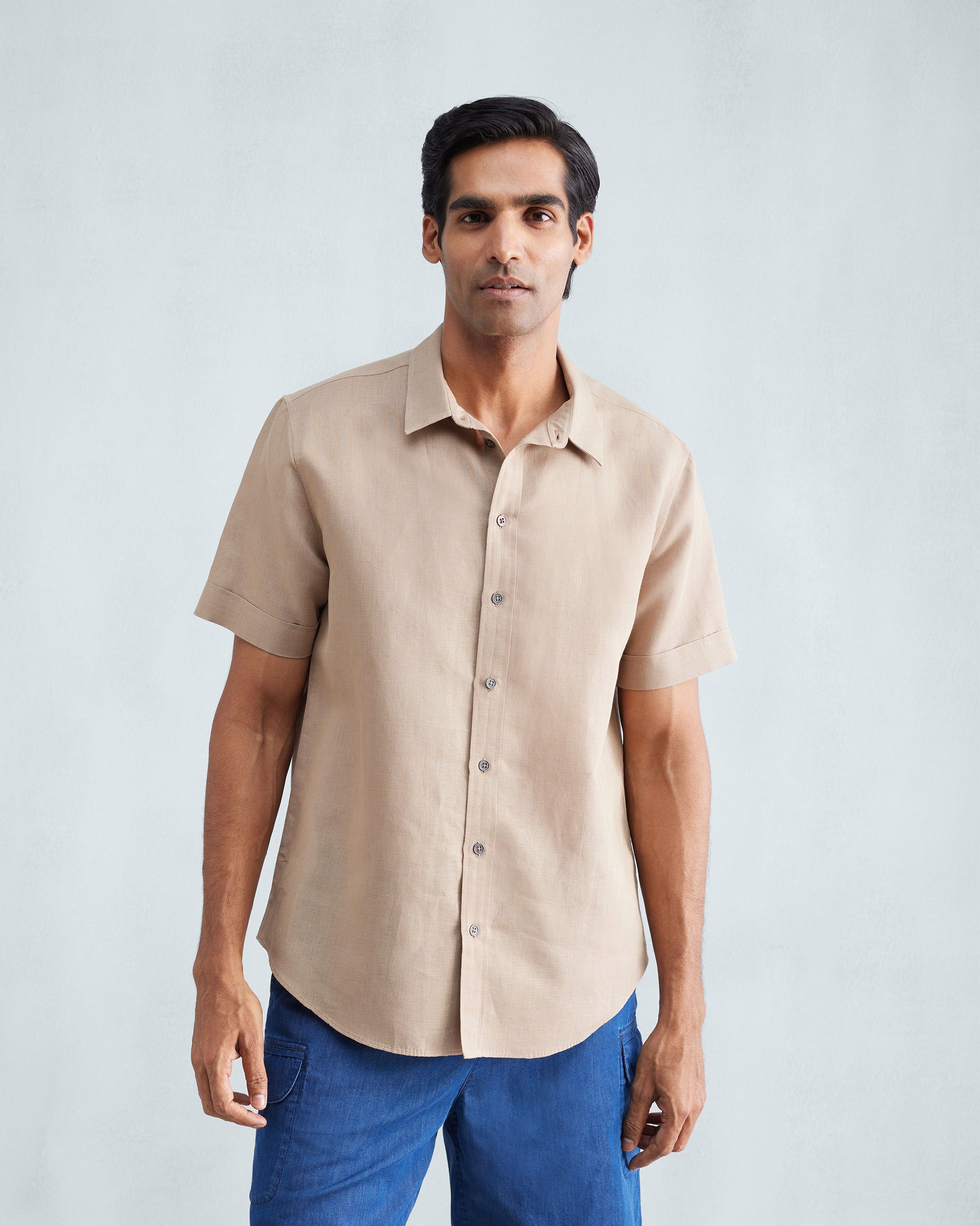 Half Sleeve Shirt Set (Beige & White Seersucker)
