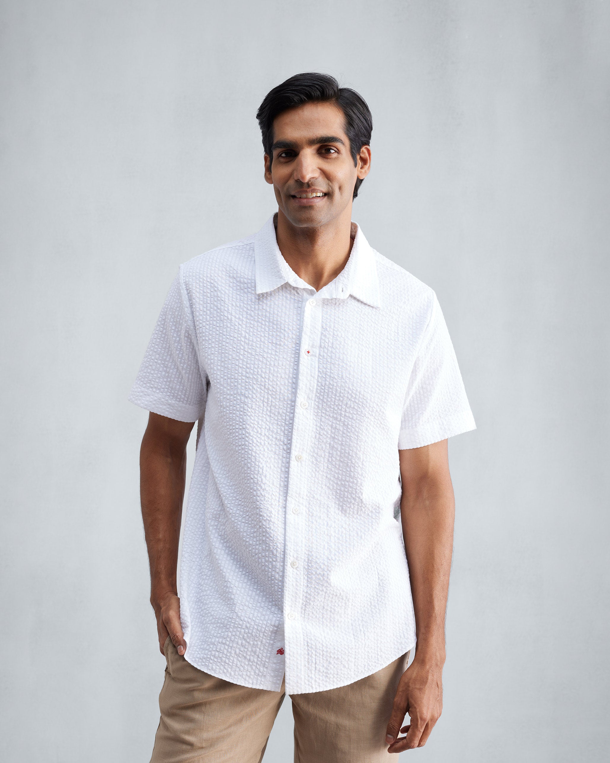 Half Sleeve Shirt Set (Beige & White Seersucker)