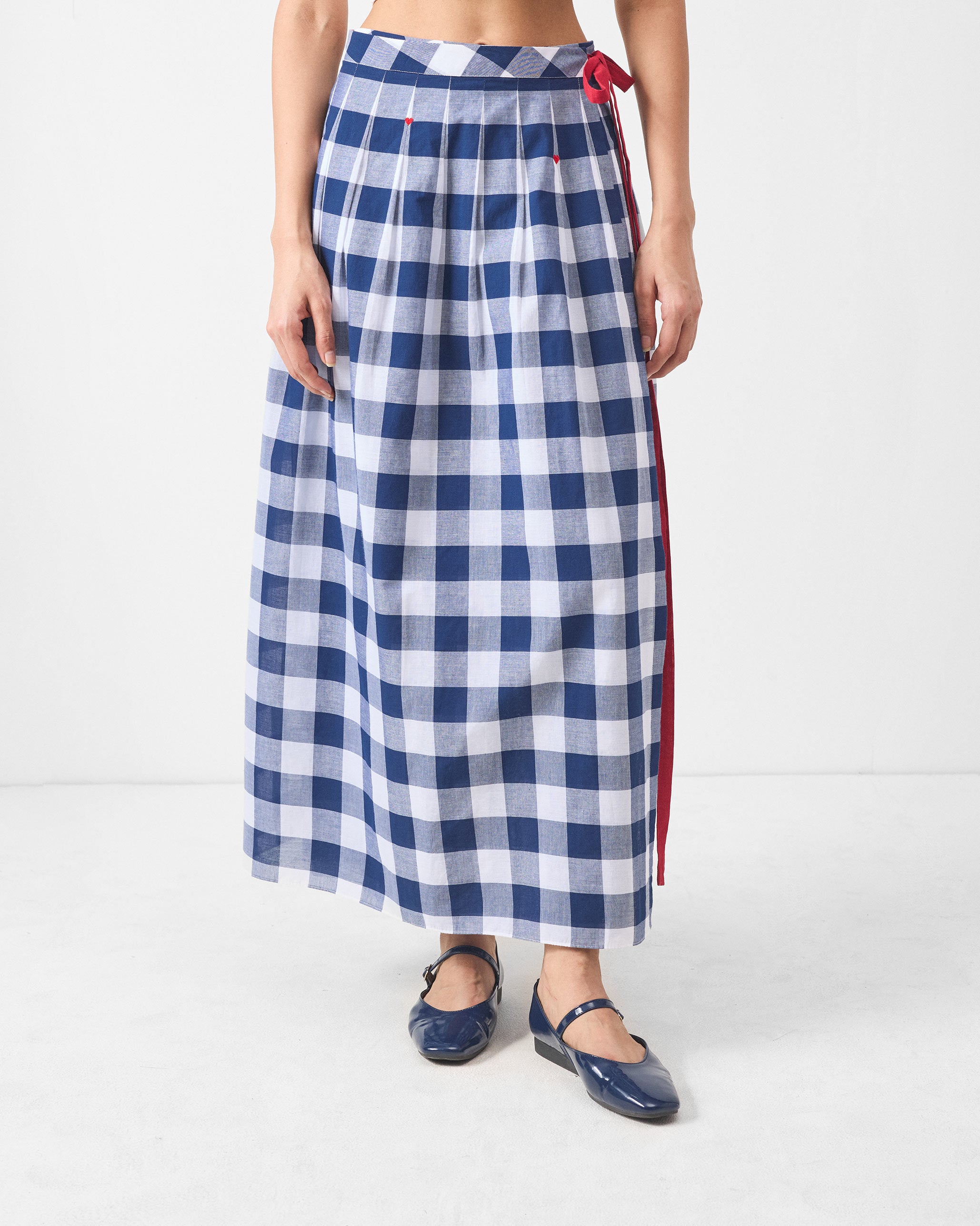Pleated Wrap Skirt - Blue & White Checks