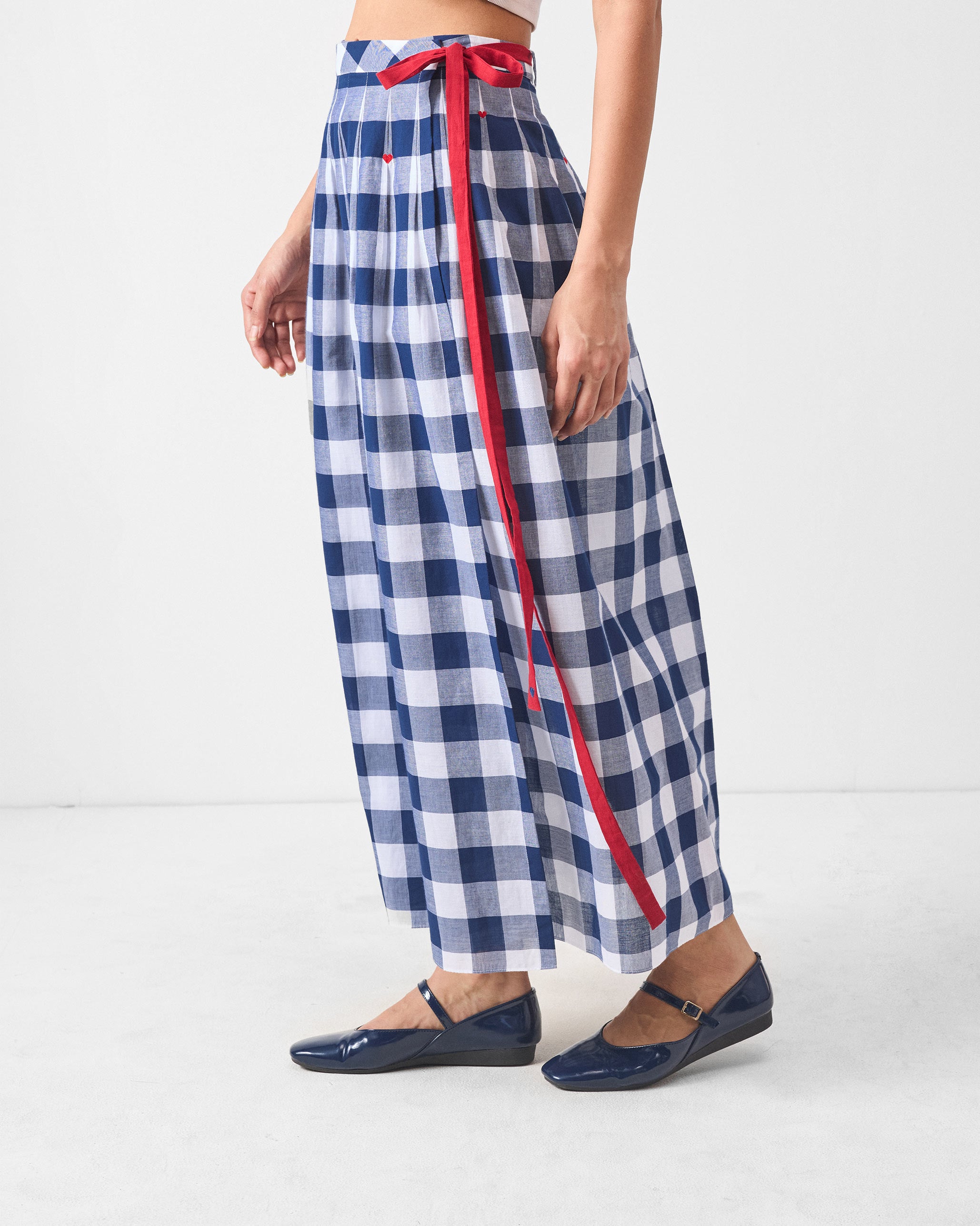 Pleated Wrap Skirt - Blue & White Checks