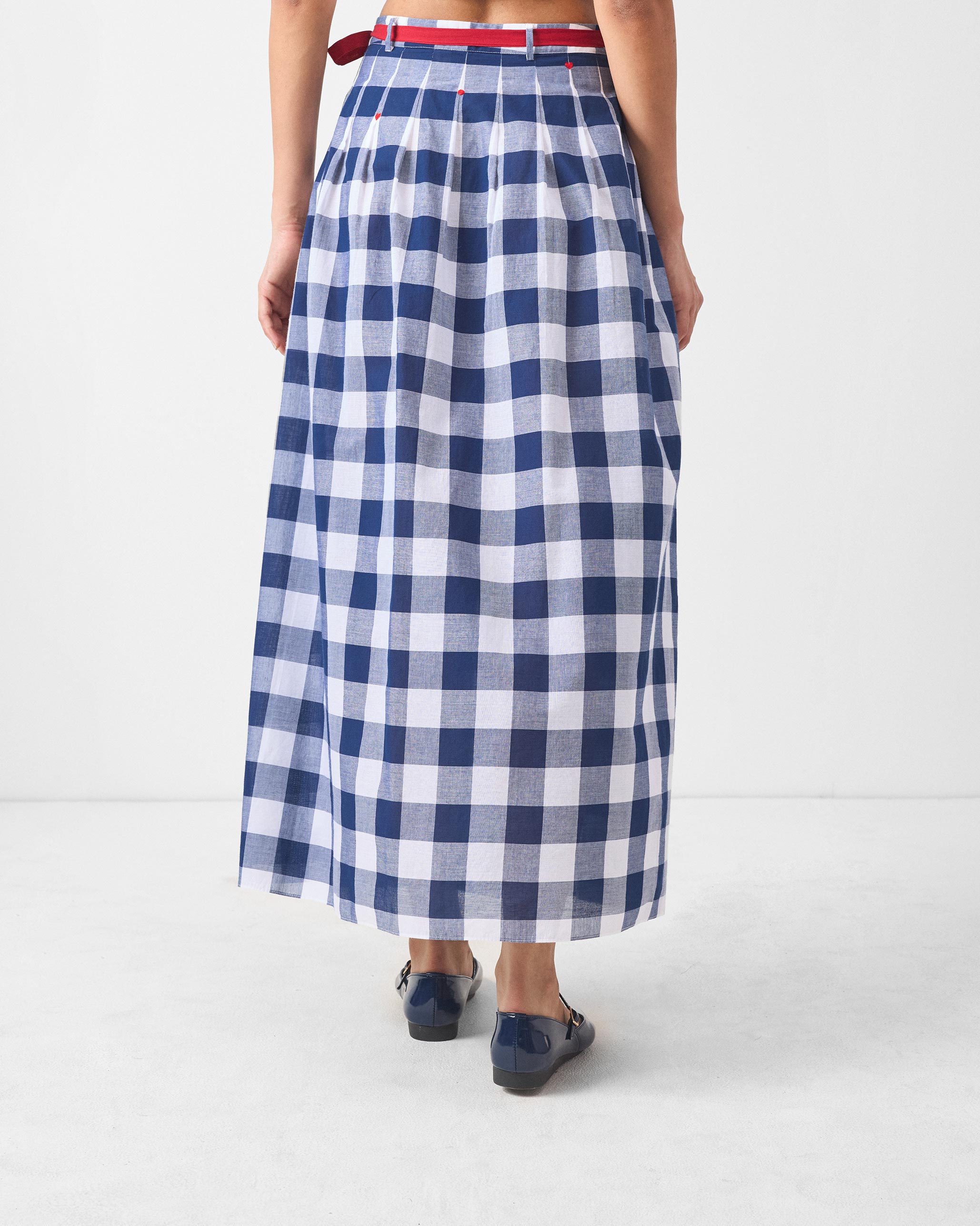 Pleated Wrap Skirt - Blue & White Checks
