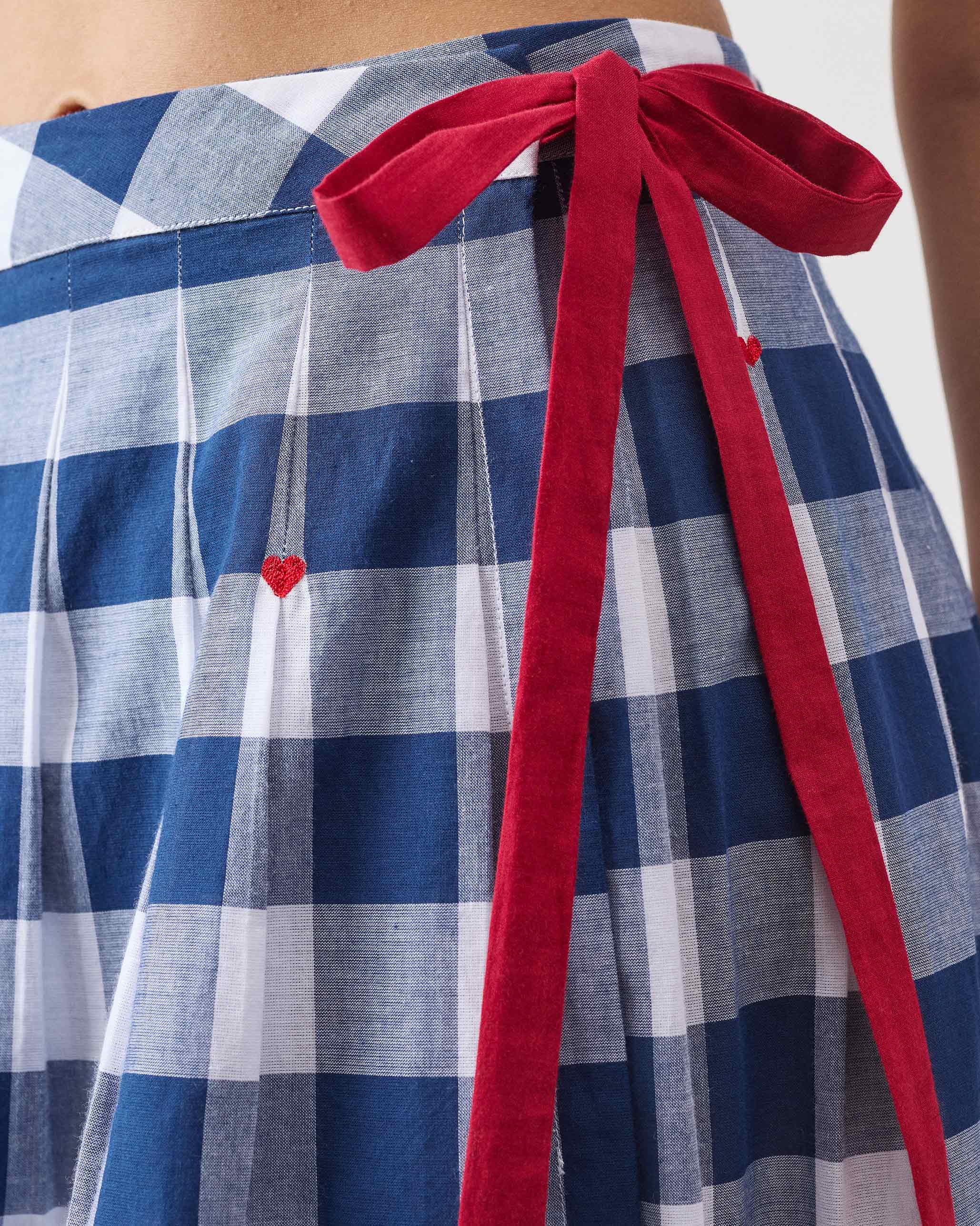 Pleated Wrap Skirt - Blue & White Checks