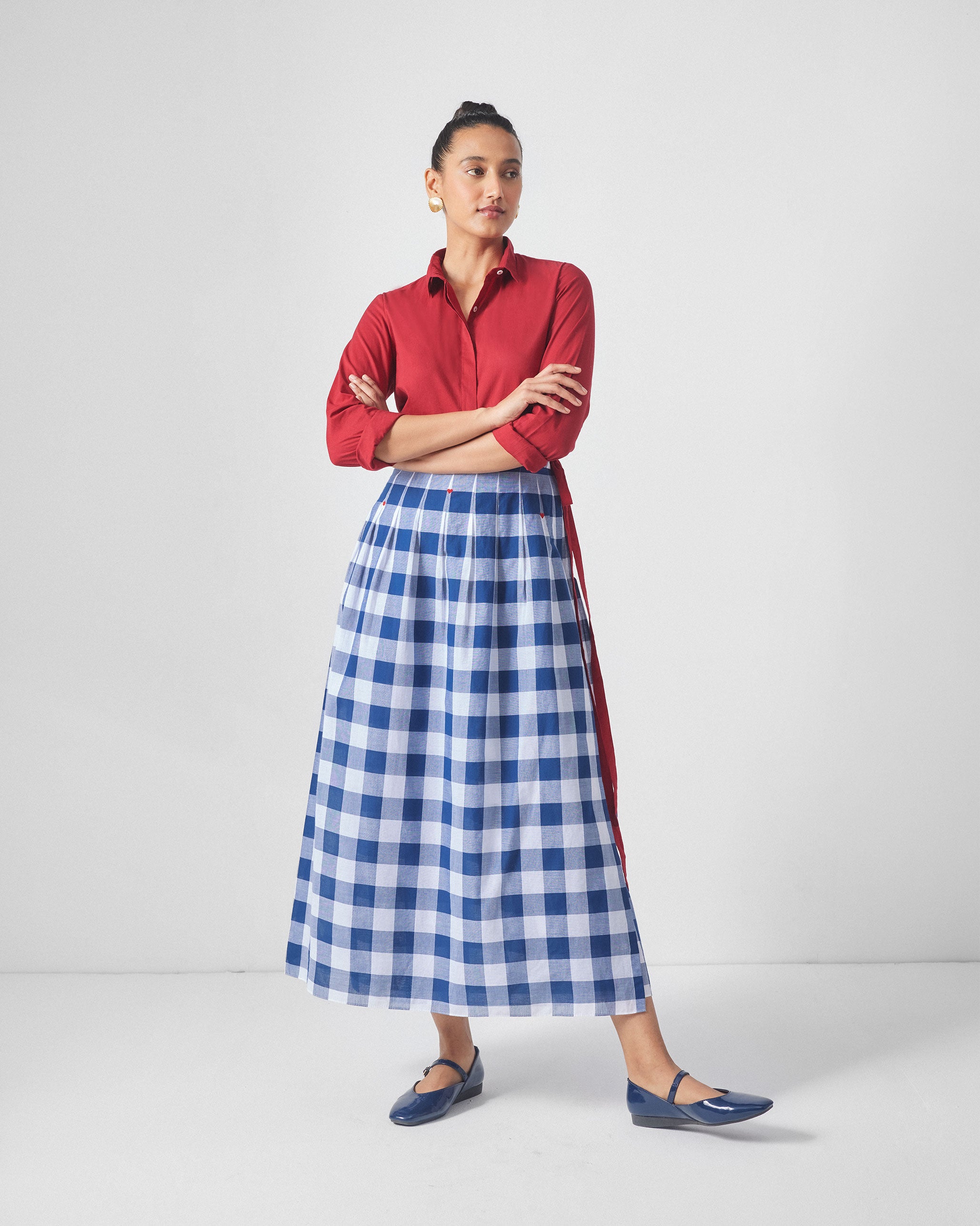 Pleated Wrap Skirt - Blue & White Checks
