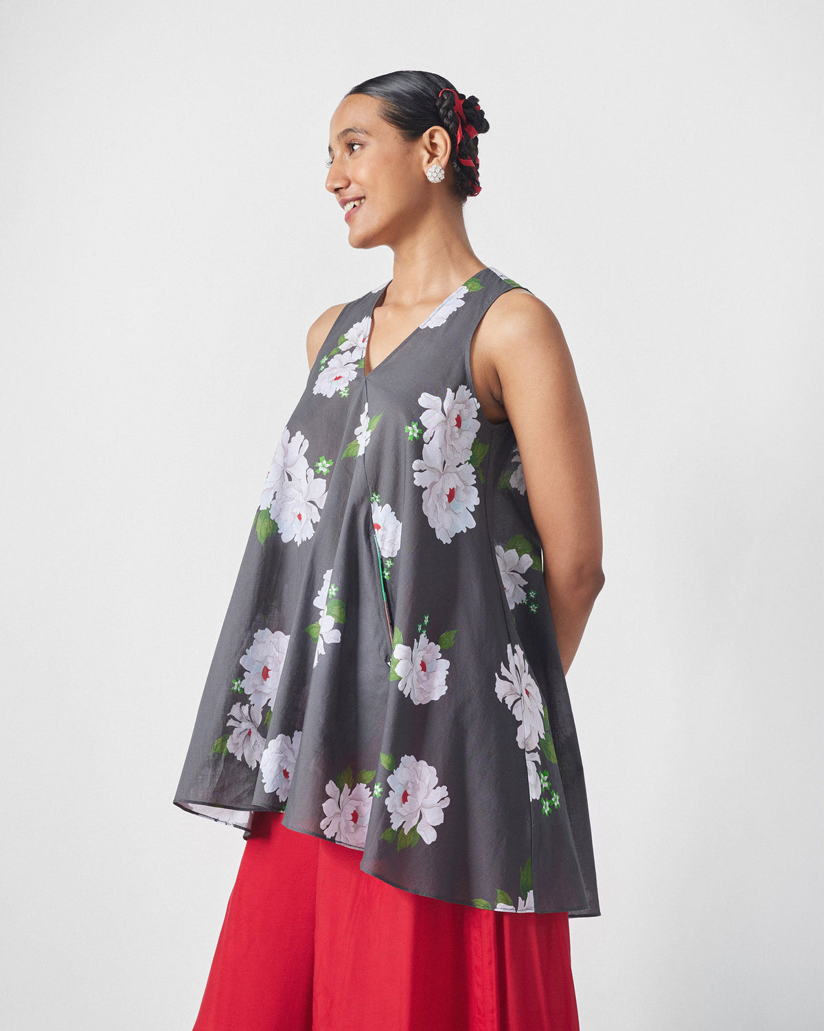 Lantern Top - Charcoal & Ivory Print