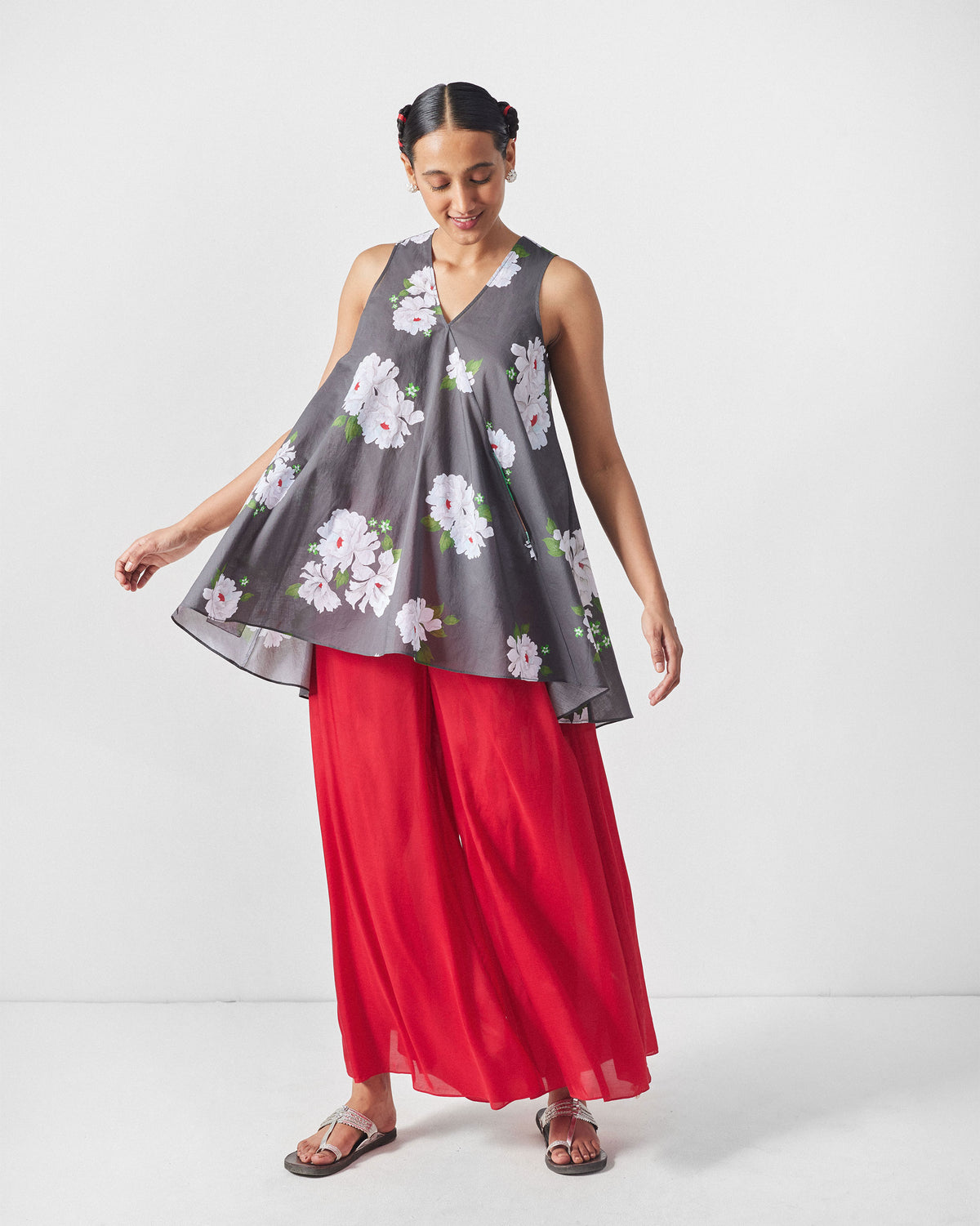 Lantern Top - Charcoal & Ivory Print