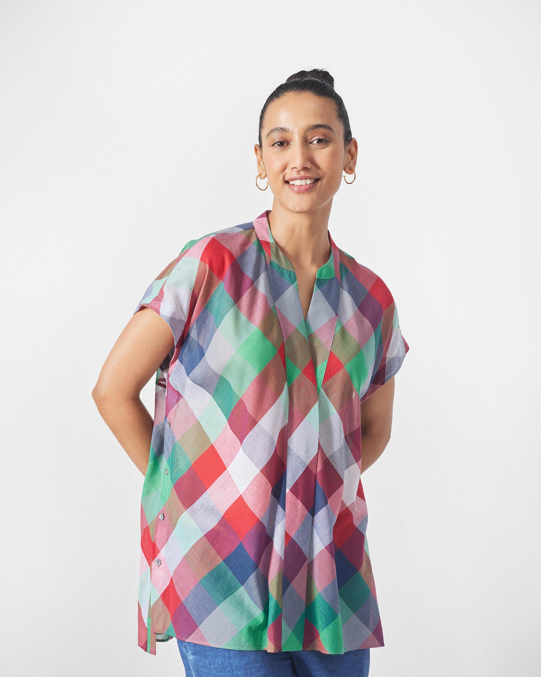Kyoto Back Pleat Top - Multicolor Checks