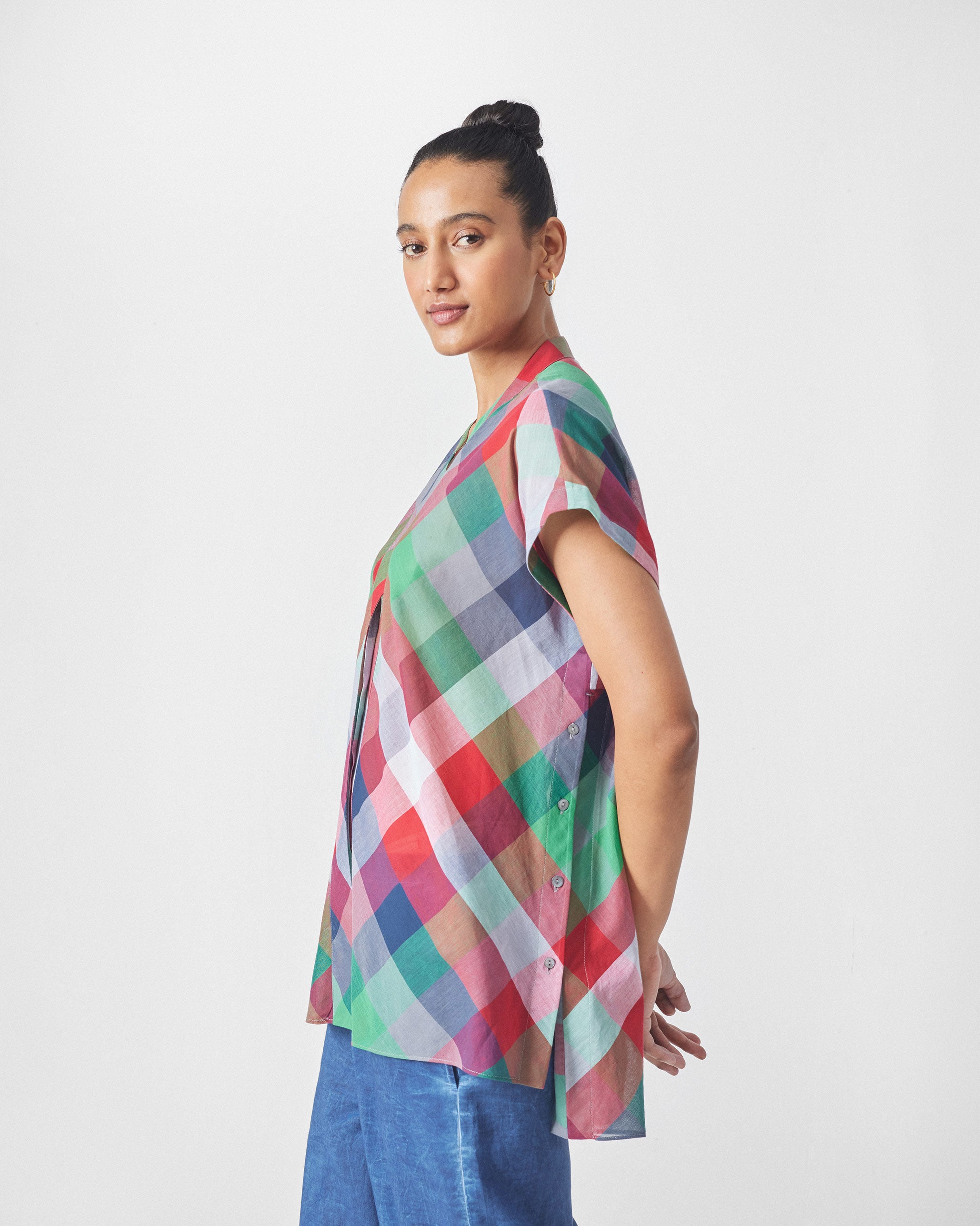 Kyoto Back Pleat Top - Multicolor Checks