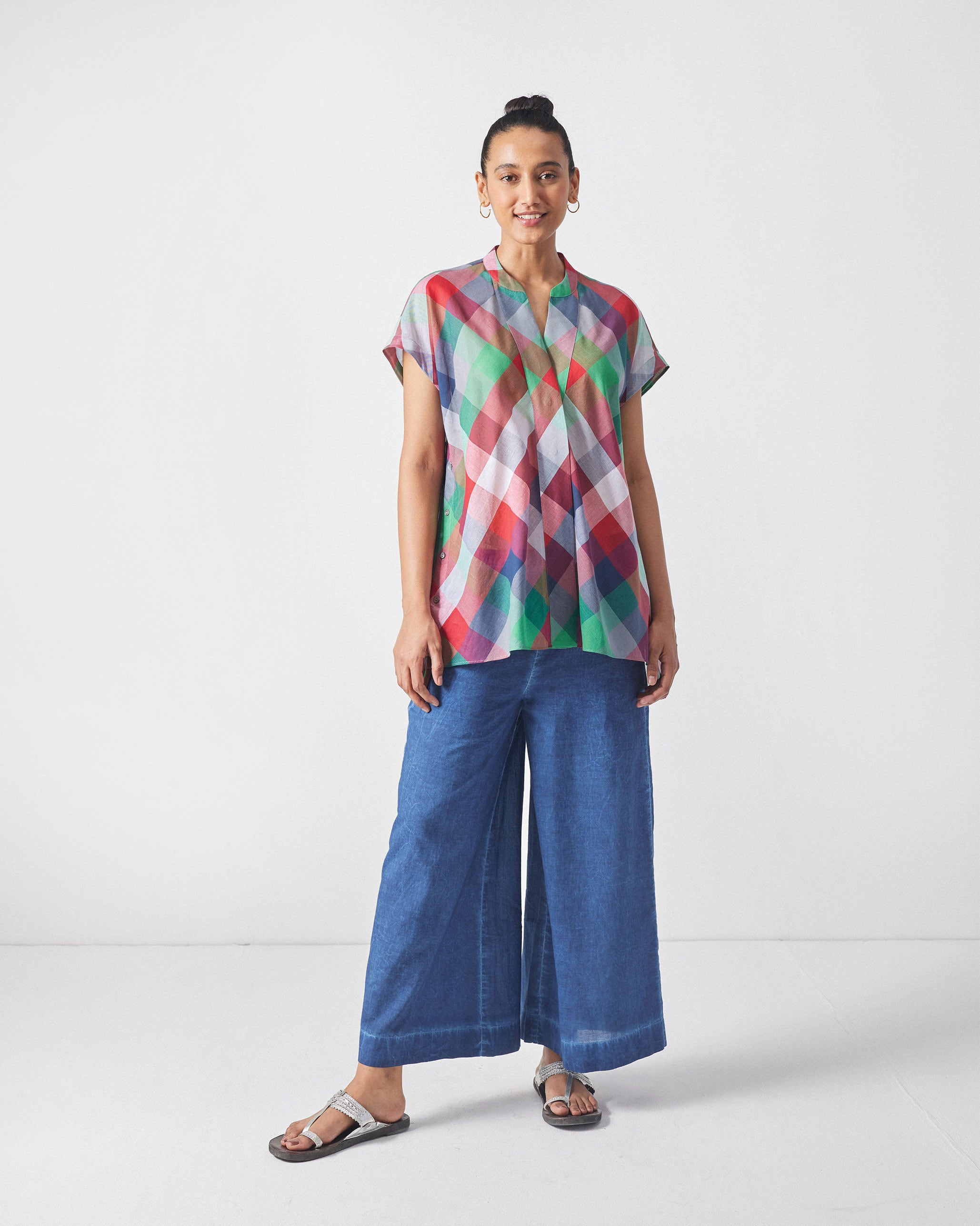 Kyoto Back Pleat Top - Multicolor Checks